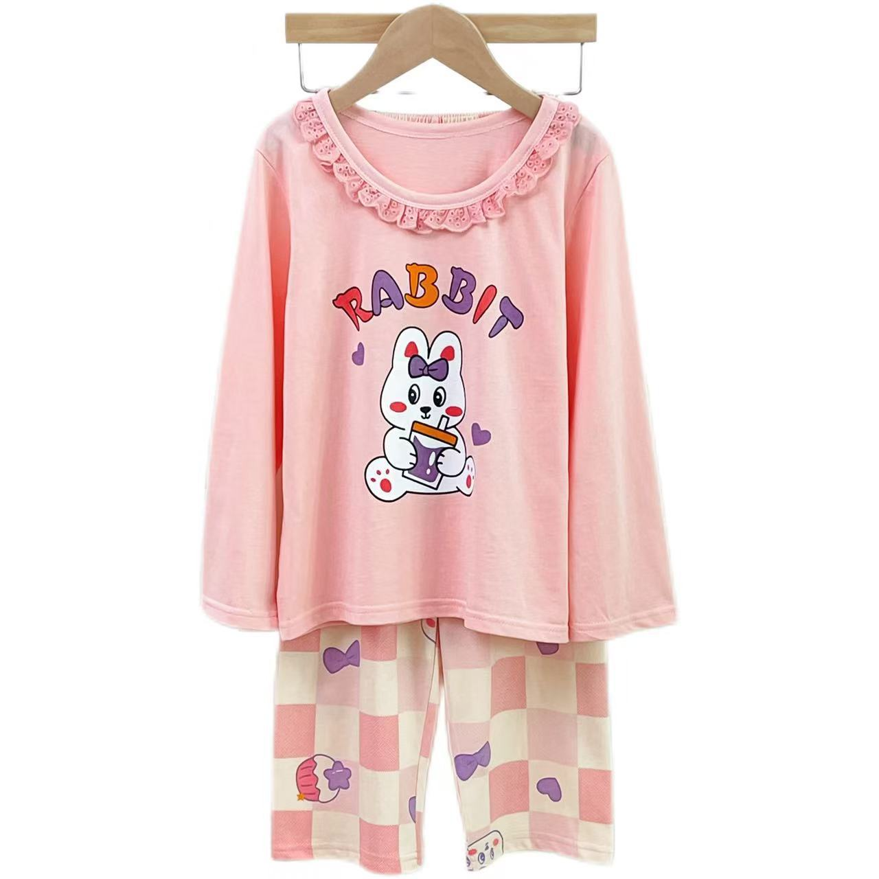 Girls long sleeve cotton pajamas set with cute cartoon print, lightweight summer home wear