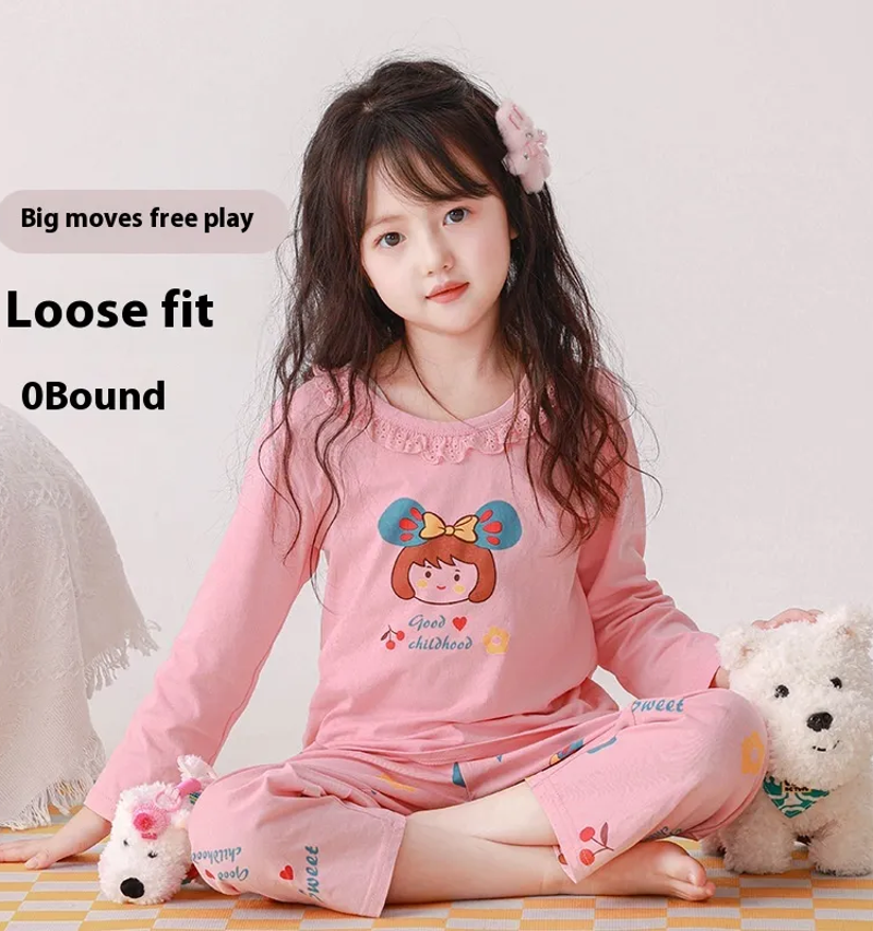 Cute cartoon girls pajamas set, long sleeve cotton sleepwear for summer comfort