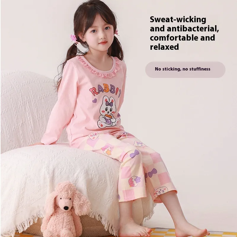 Girls cotton pajama set with long sleeves and cartoon design, breathable summer home wear