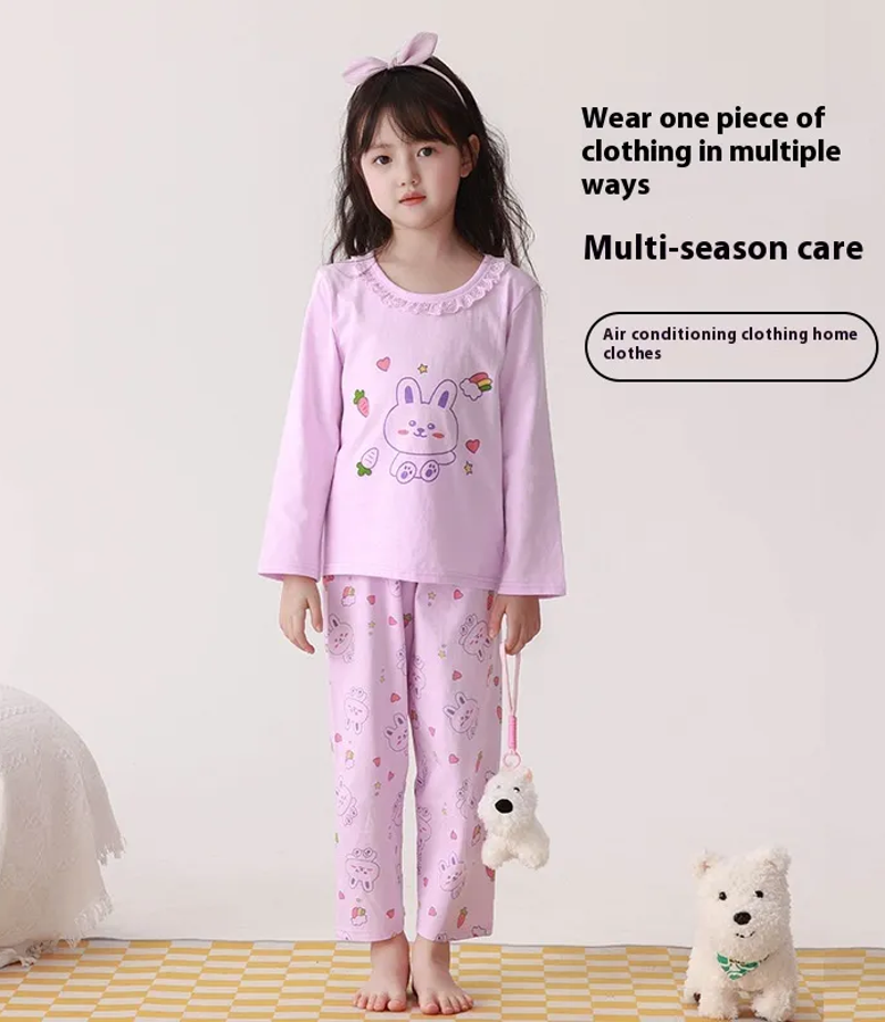 Children’s long sleeve cotton pajamas for girls, cute cartoon pattern, summer loungewear