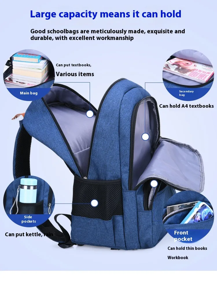 Oxford cloth unisex backpack designed for primary school use with a lightweight feel.