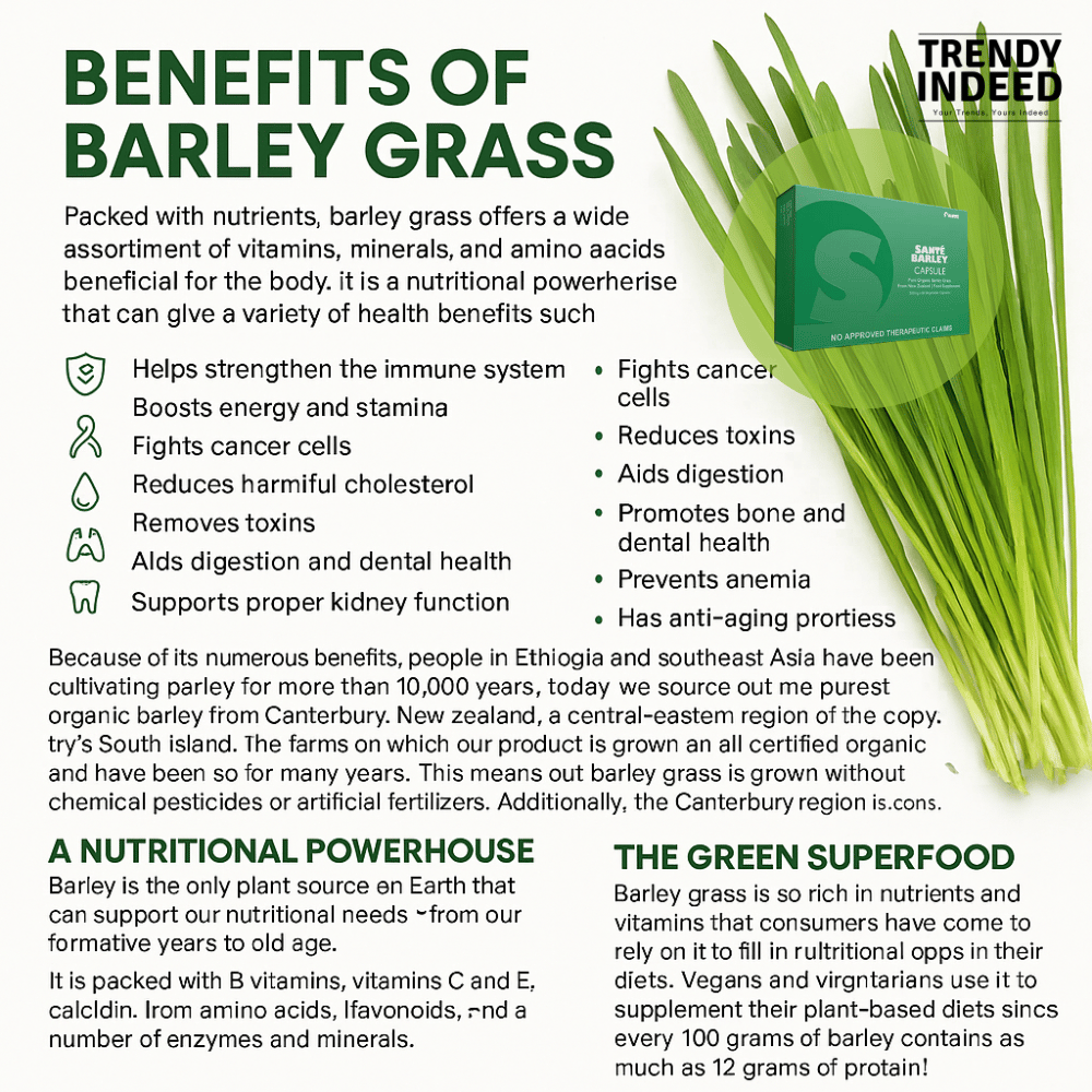Santé Barley vegetable capsules made with organic barley grass from New Zealand, 500mg, 60 capsules.