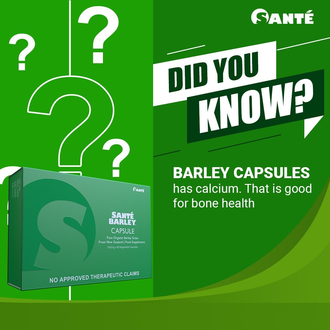 500mg Santé Barley vegetable capsules using organic New Zealand barley grass, 60-count bottle.