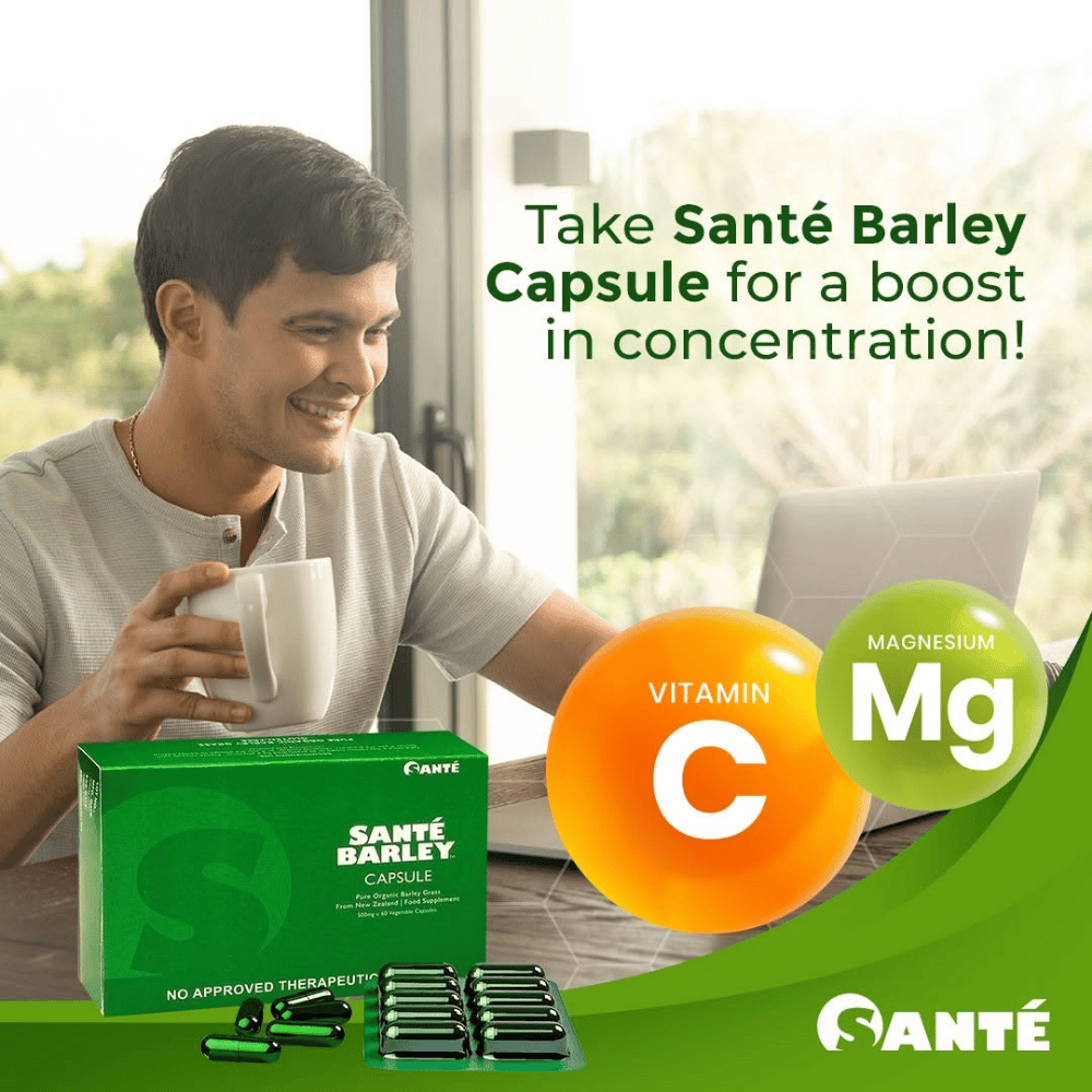 Santé Barley capsules featuring organic barley grass from New Zealand, 500mg per capsule, 60 capsules.