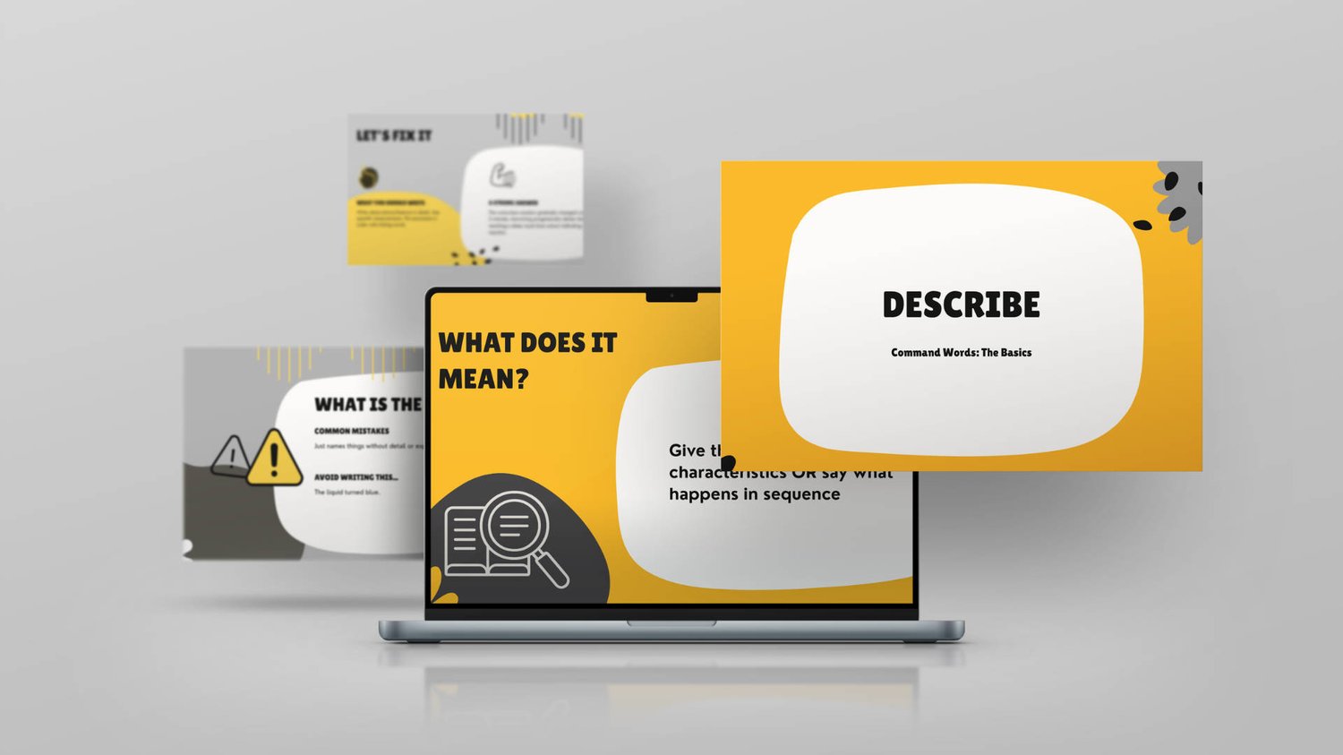 Mockup 1 (tablet): GCSE Science command words presentation showing Describe slide with common mistakes and model answer on tablet device