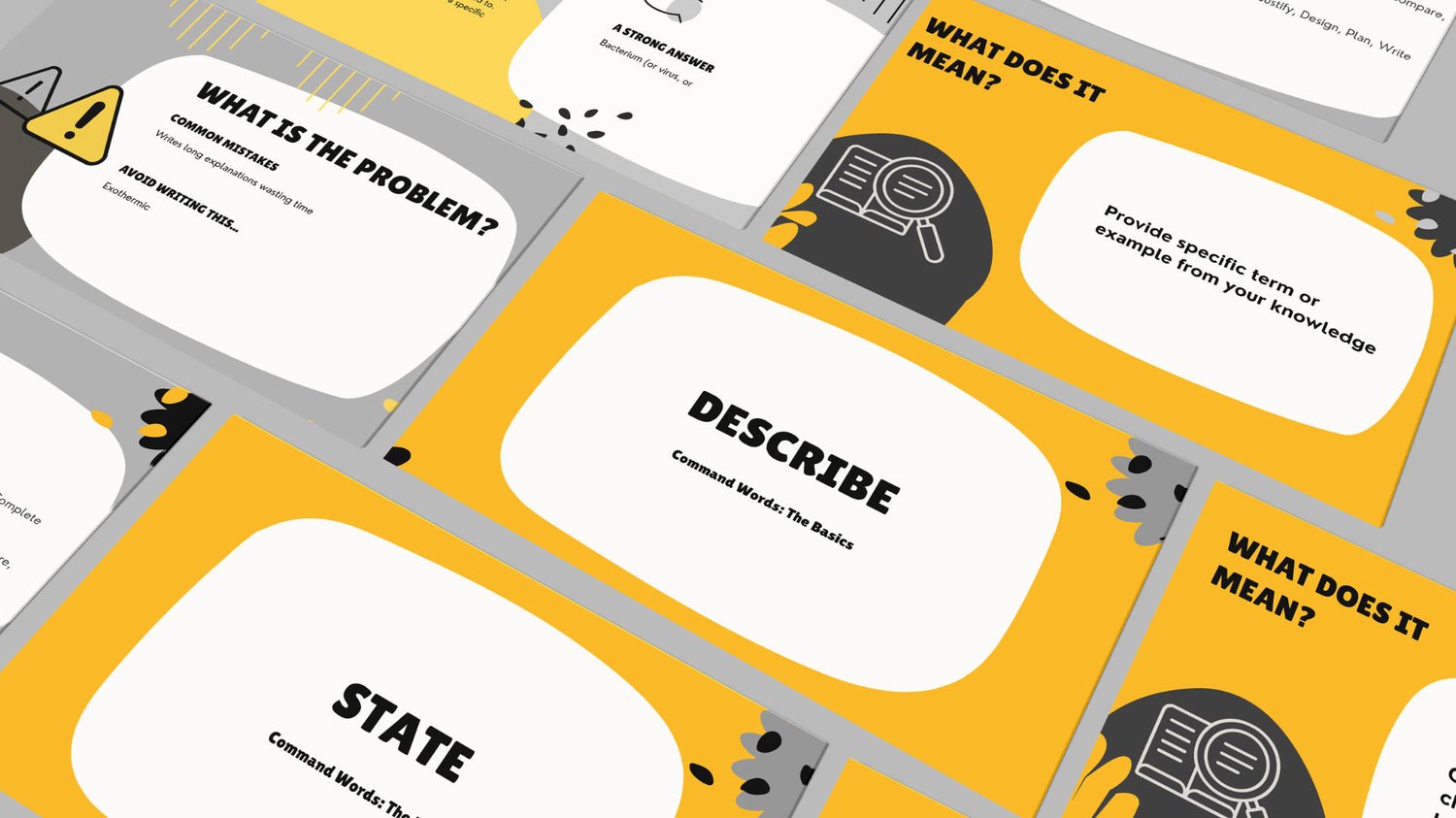 Mockup 2 (pages spread): 105-page GCSE command words intervention resource with Explain, Compare, and Evaluate slides visible