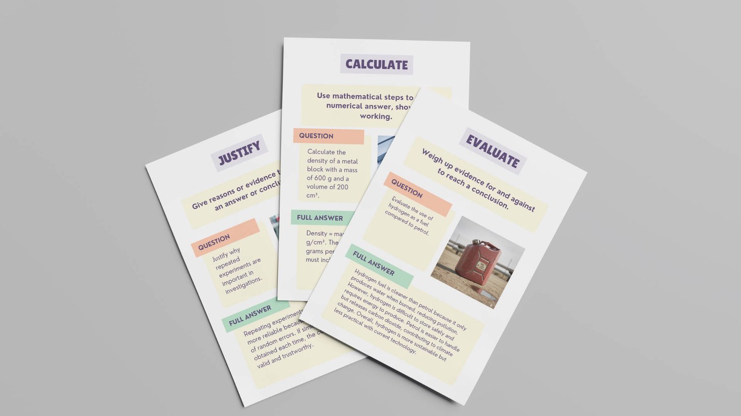 Science exam practice worksheets covering Describe, Calculate, and Justify with student answer spaces