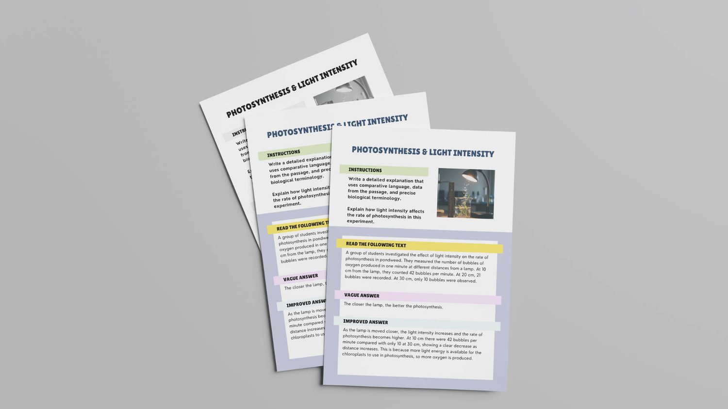 GCSE Biology answer improvement worksheets showing photosynthesis vague answer with space for improved response