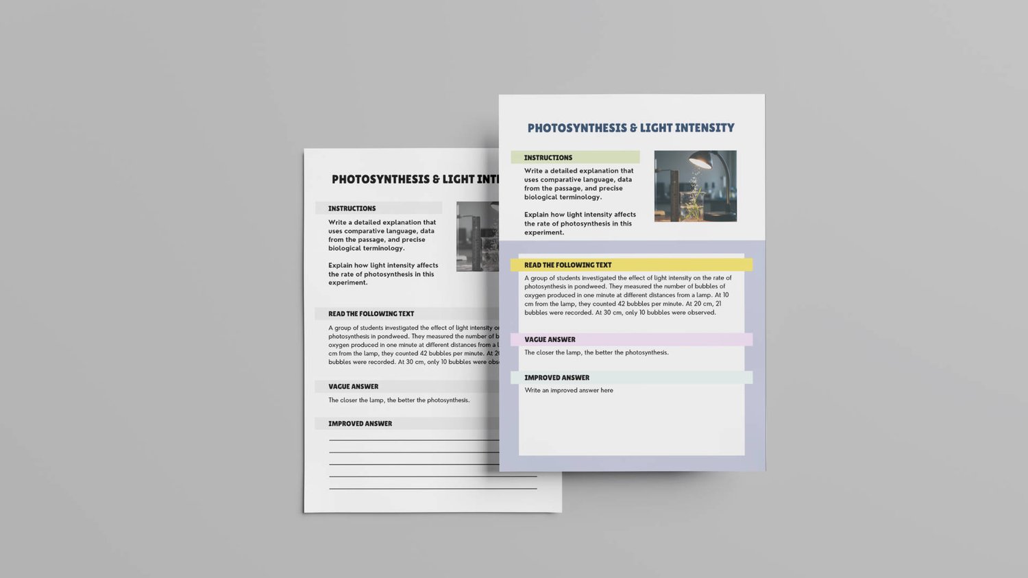 Answer improvement pack for GCSE Biology showing vague vs precise scientific writing
