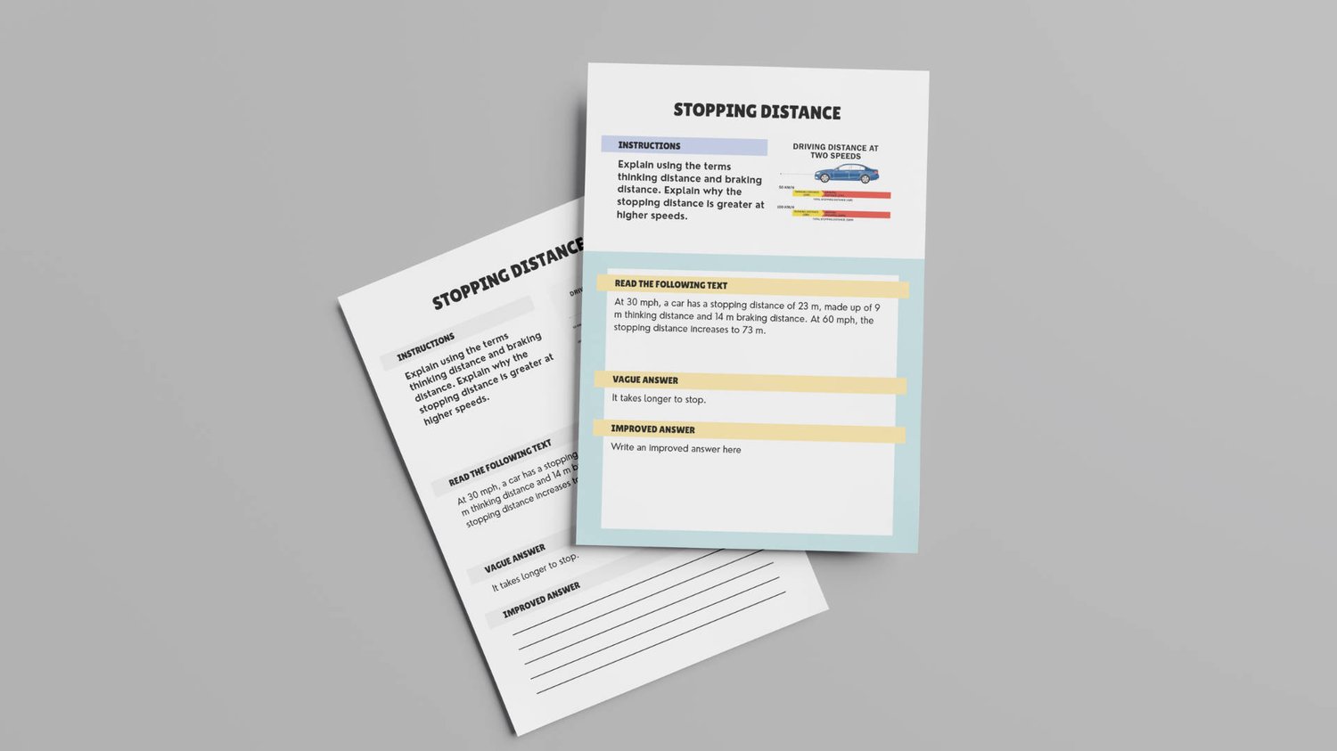 GCSE Physics answer improvement worksheets showing distance-time graph vague answer with improvement space