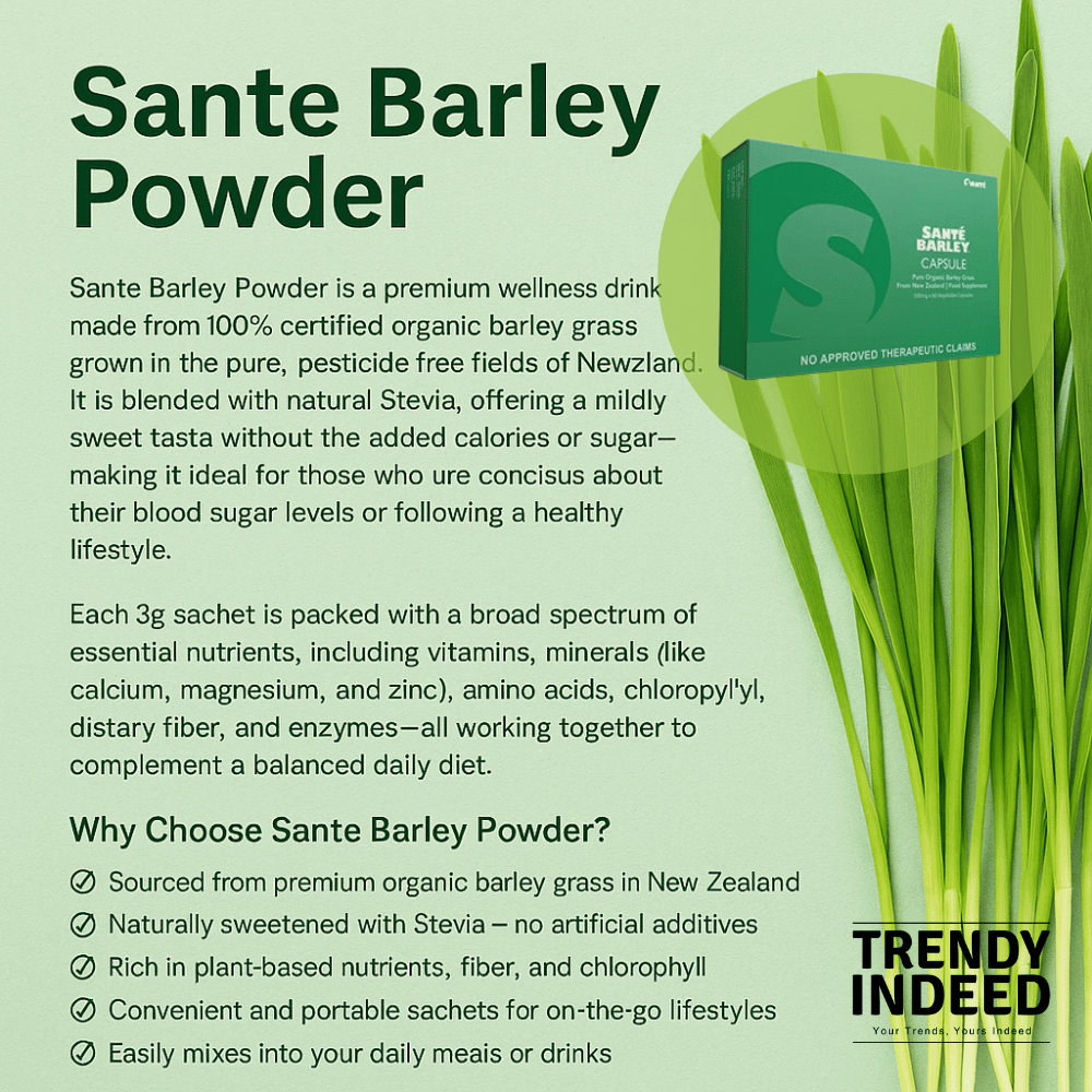 Authentic Santé Barley powder in 3g sachets, certified organic, 30 sachets per box, sweetened with stevia.