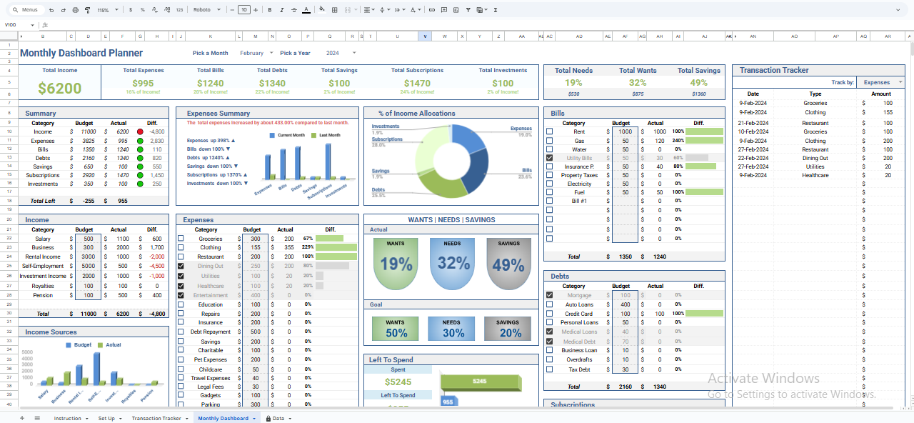 Monthly budget dashboard in Google Sheets with total income, expenses, bills, debts, savings, subscriptions, and investments