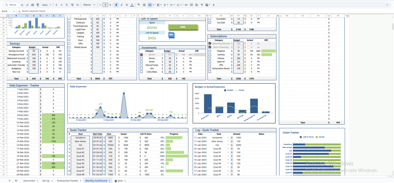 Budget vs actual expense analysis chart in Google Sheets monthly budget planner