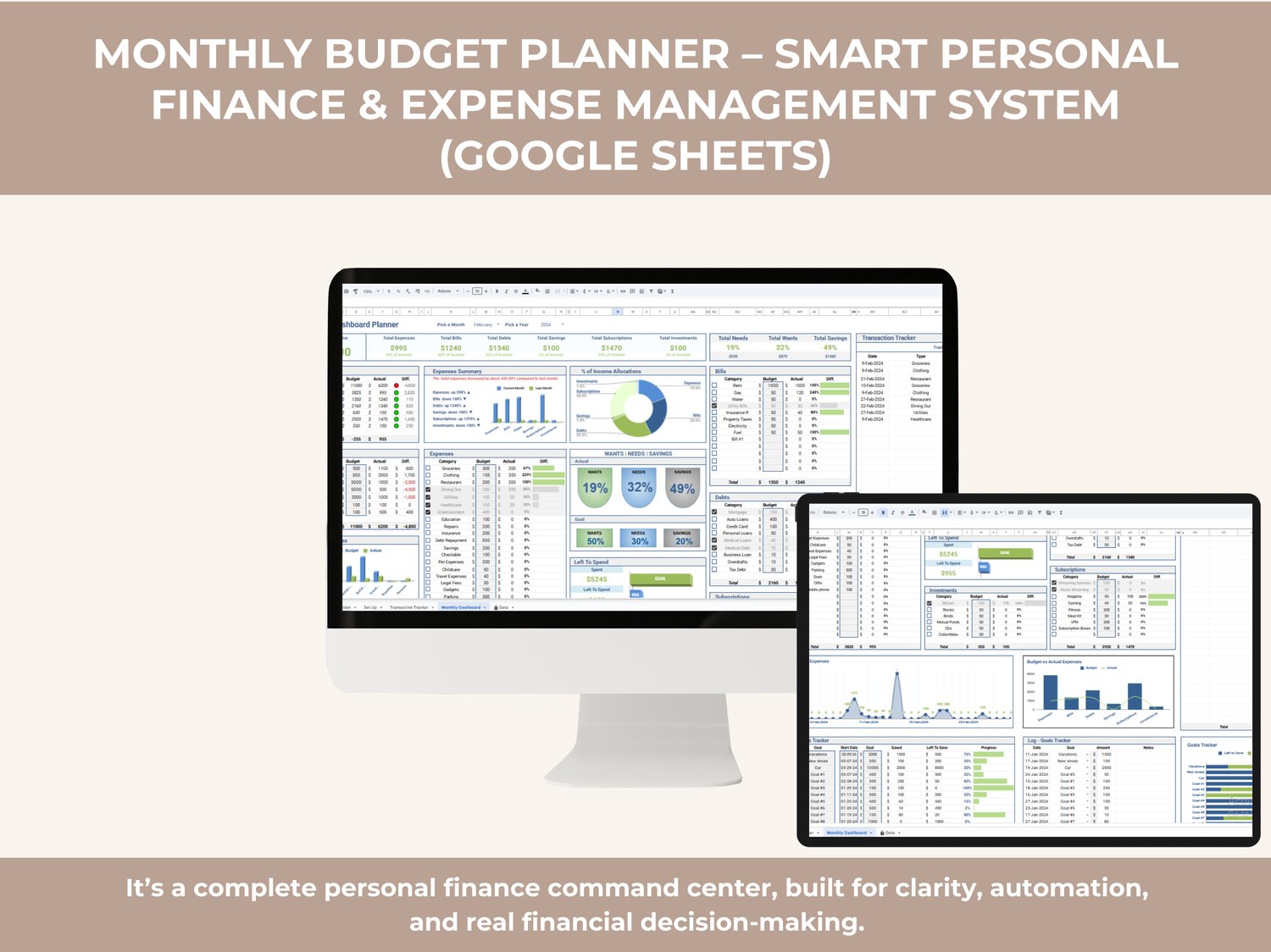 Monthly Budget Planner Google Sheets dashboard showing income, expenses, savings, debts, and budget vs actual analysis