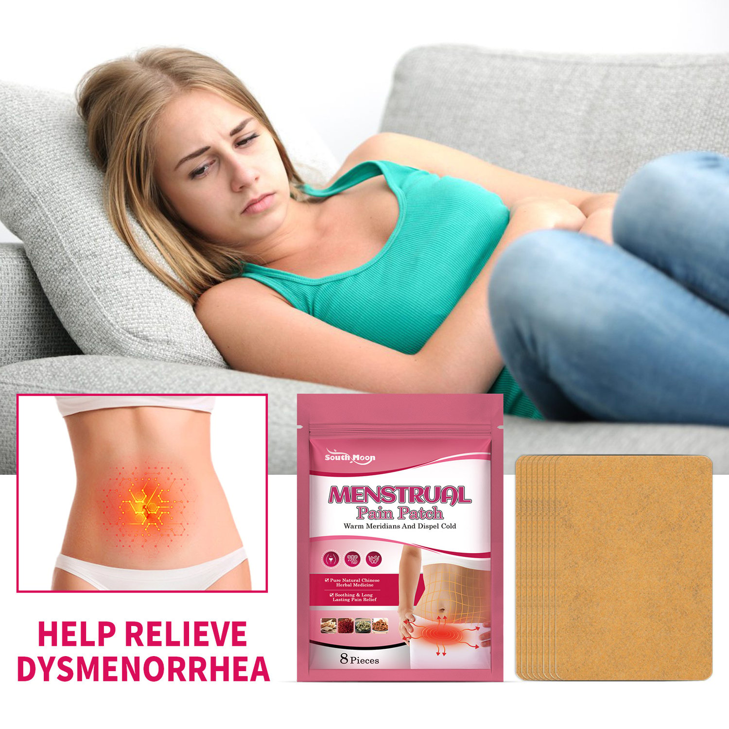 South Moon women’s herbal warm heat patches in a compact 8-piece pack.