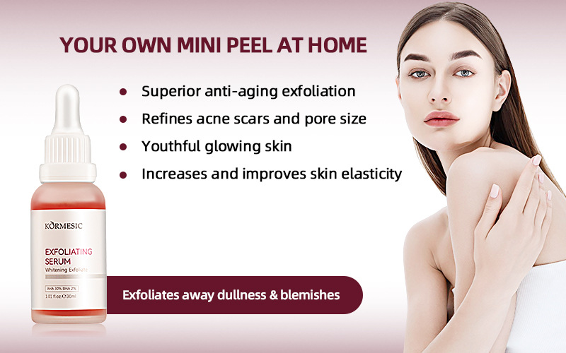 Kormesic exfoliating serum with AHA 30% and BHA 2% in a 30ml bottle.