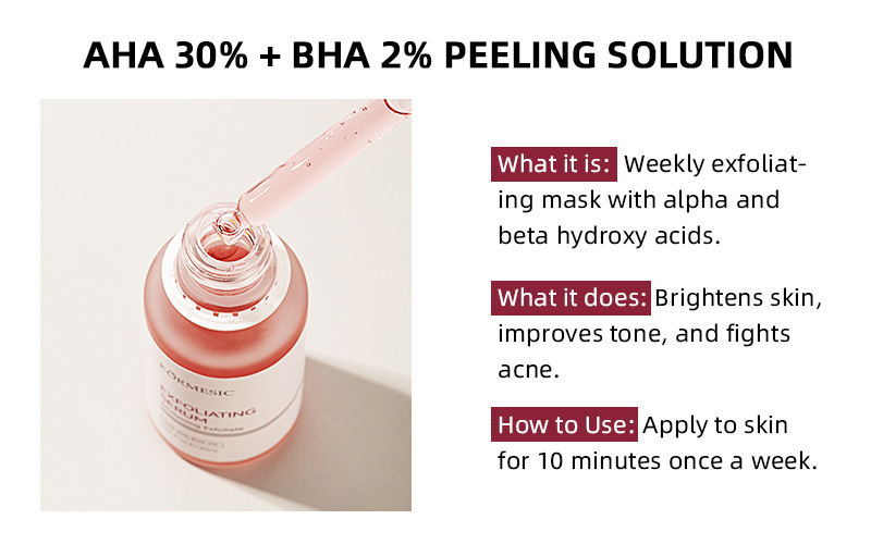 30ml Kormesic exfoliating peel serum formulated with AHA 30% and BHA 2%.
