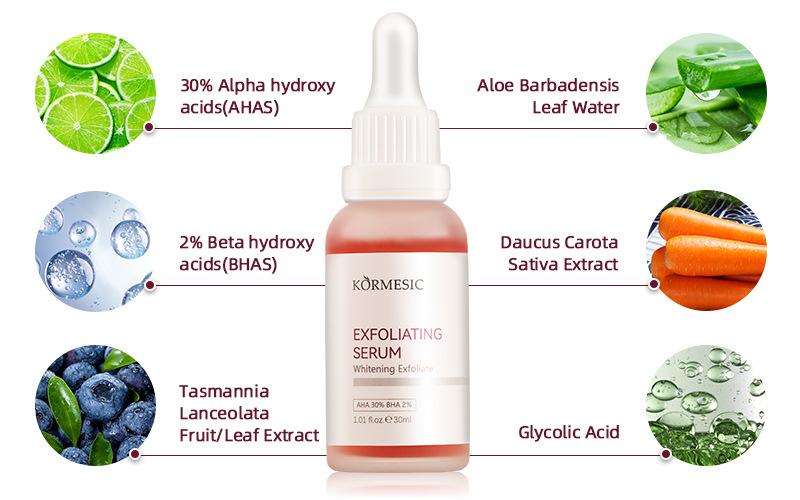 Kormesic AHA 30% and BHA 2% exfoliating serum for skincare routines, 30ml.