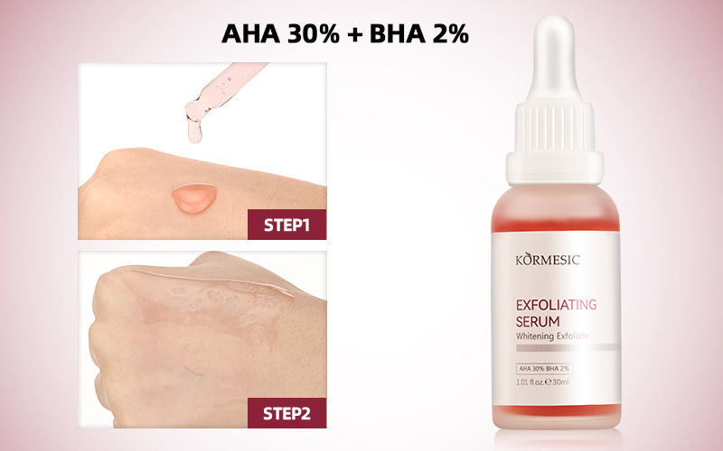 Exfoliating face serum by Kormesic with AHA 30% and BHA 2%, 30ml size.