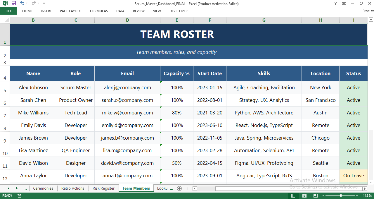 Agile team roster and capacity tracking sheet showing roles, skills, availability, and team status in Excel
