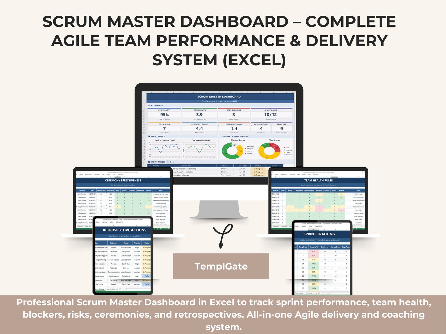 Scrum Master Dashboard Excel showing sprint velocity, team health, blockers, risks, ceremony scores, and delivery performance KPIs