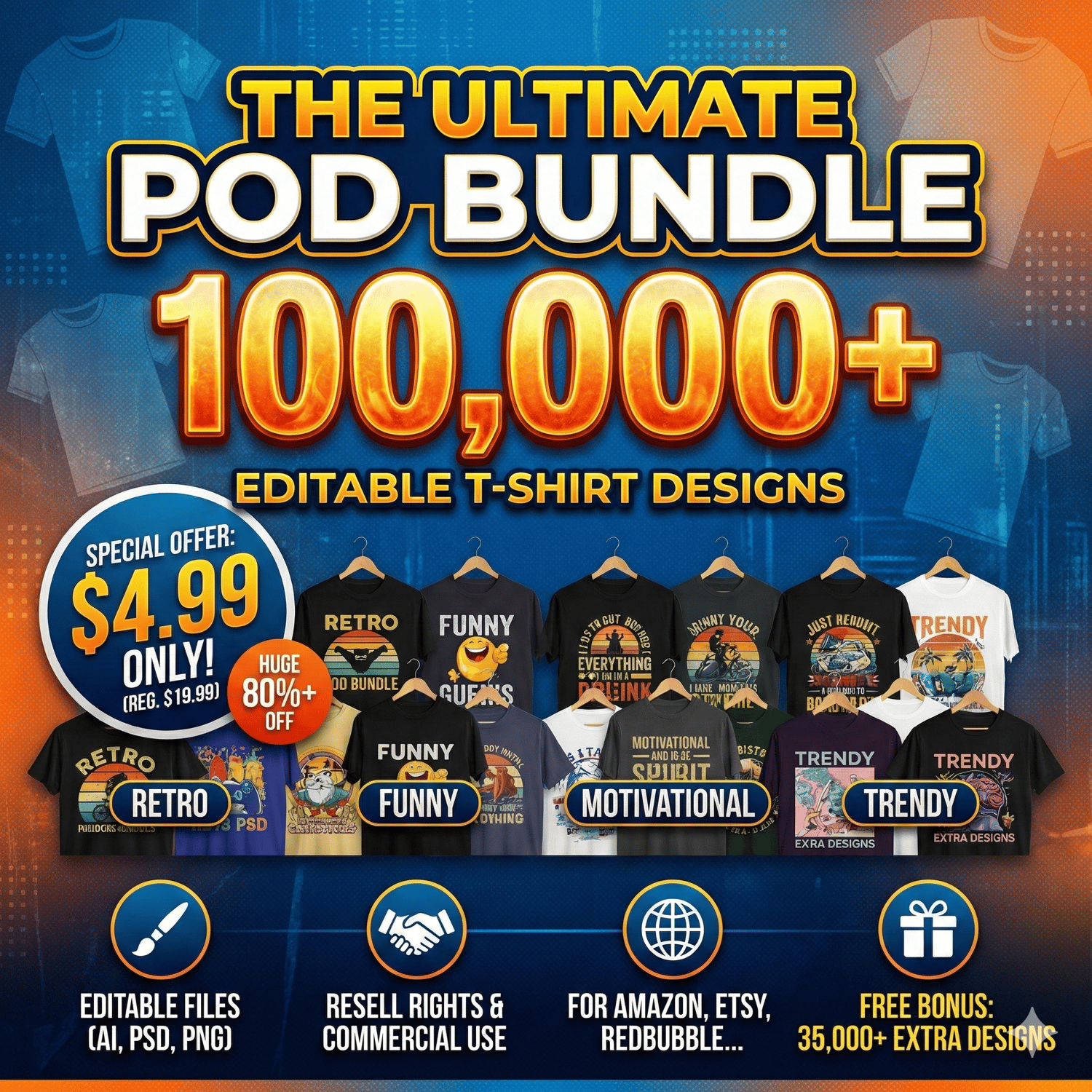 100,000+ Editable T-Shirt Design Bundle with Resell Rights  POD Business Starter Pack (AI, PSD, PNG)  Ultimate Print on Demand Bundle 100k+ Vector Designs for Amazon Merch, Etsy & RedBubble (Commercial Use)  Massive T-Shirt Design Bundle 100,000+ Editable