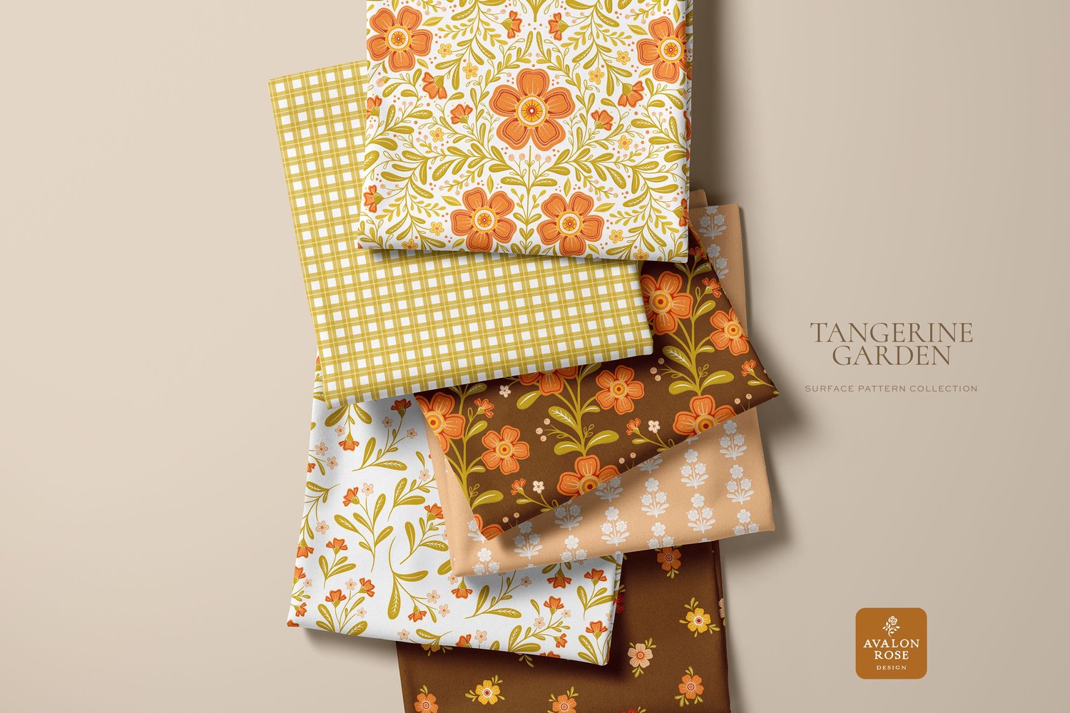 orange brown and green floral patterns on fabric swatches