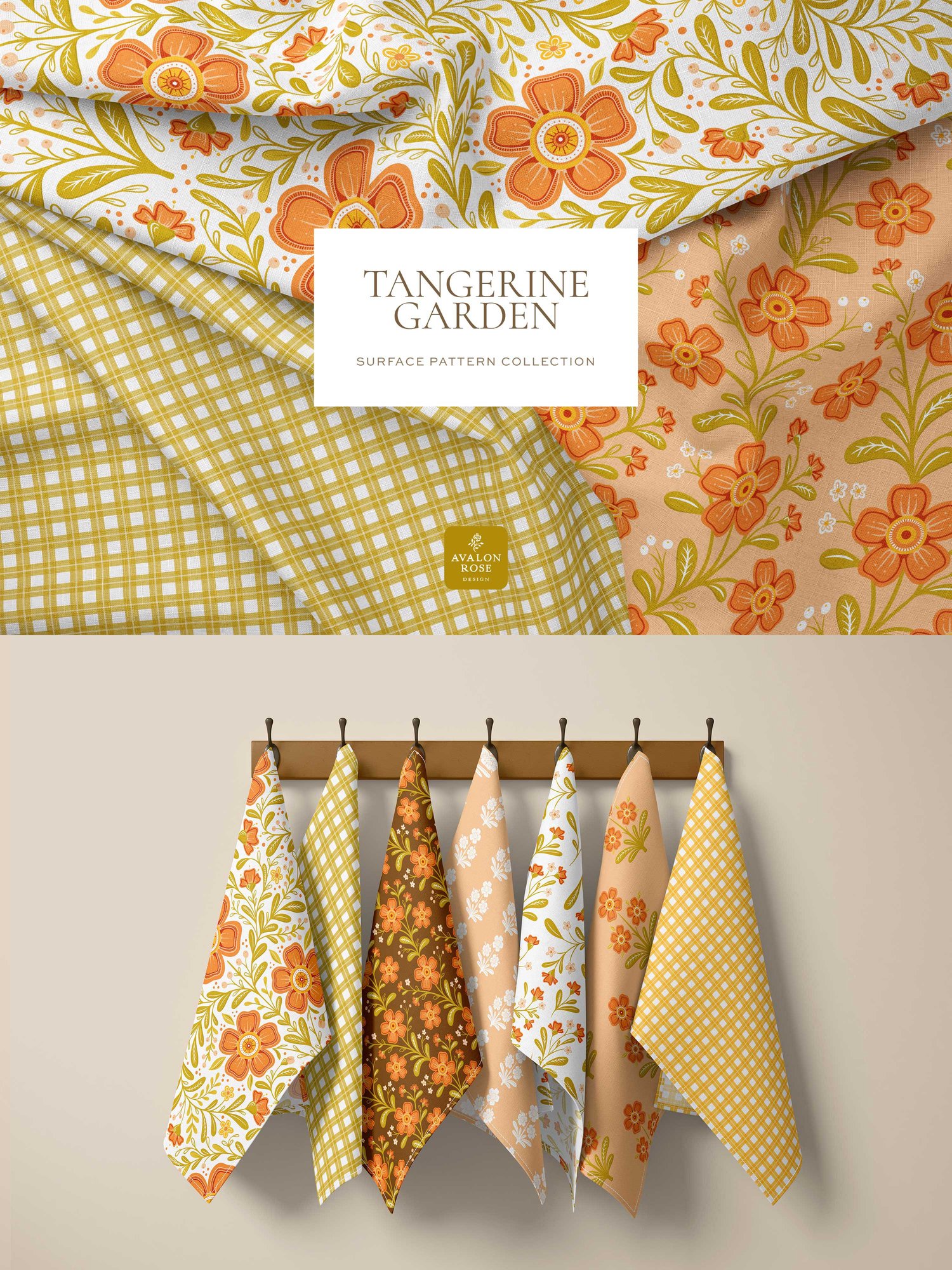 fabric featuring hand drawn floral patterns in orange brown and green