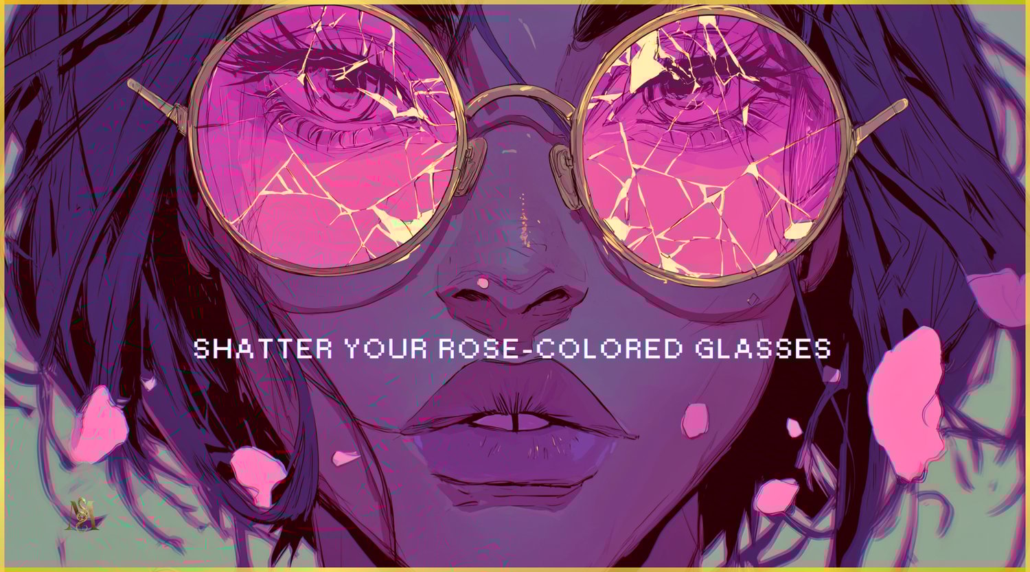 Illustrated close-up of a woman wearing rose-colored round glasses with cracked lenses, revealing clear, steady eyes beneath. The shattered glass glows softly in pink and gold tones, symbolizing broken illusions and emotional clarity. Purple and magenta c