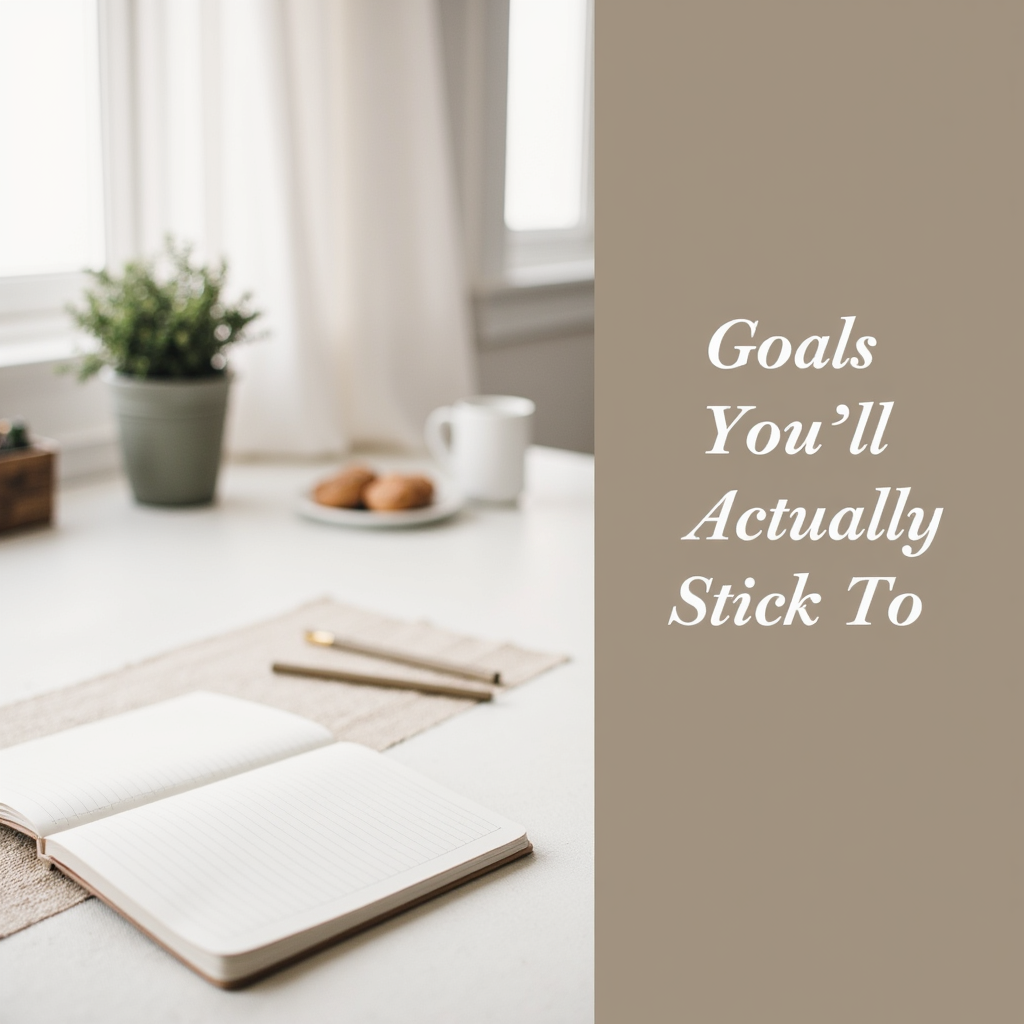 A desk with a journal and pens on it, further up the table there is a hot drink cup with two small biscuits/cakes on a plate stting beside the cup. There is also a succulent type plant in the background, text that reads 'goals you'll actually stick to'
