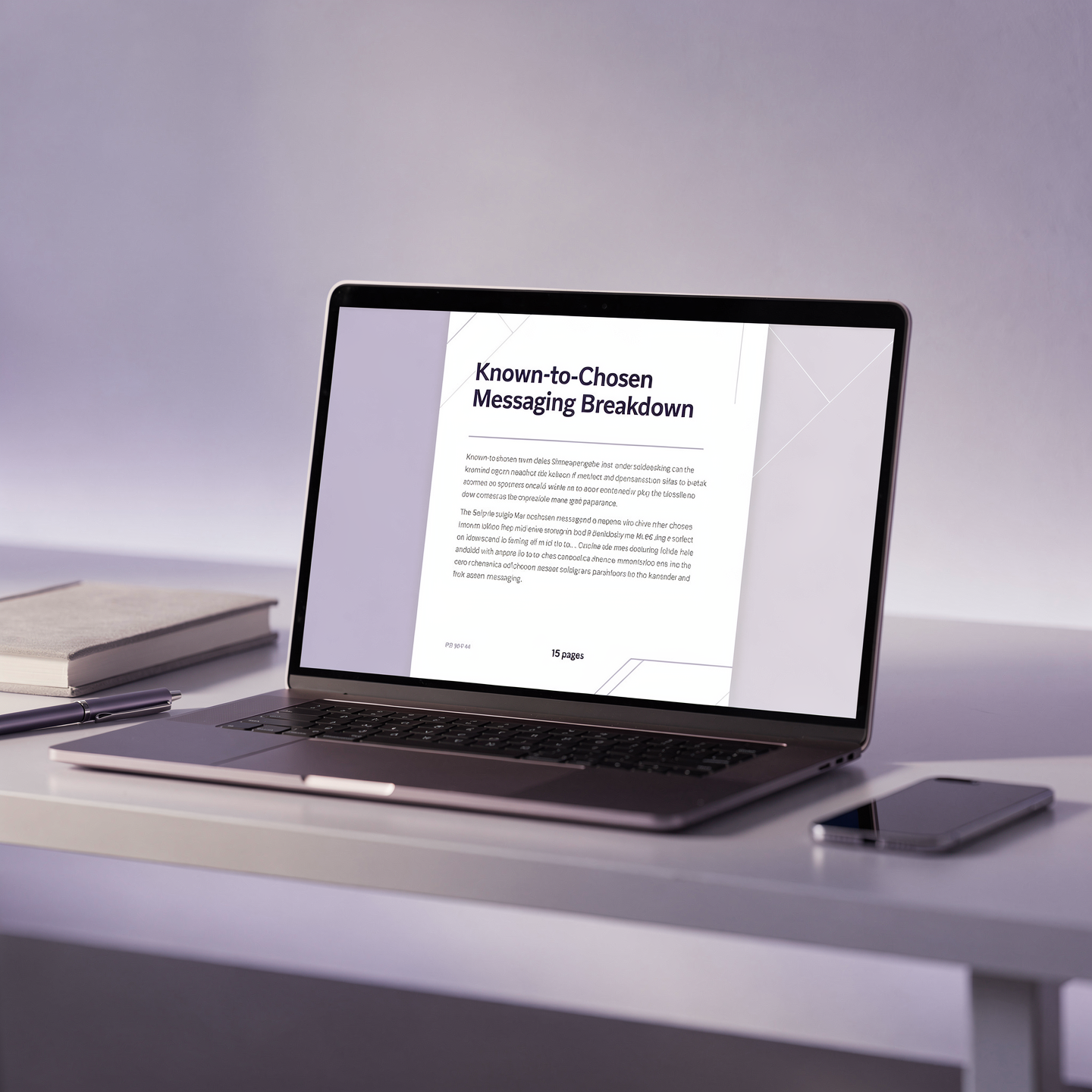 laptop on table with a document on the screen with the title "know-to-chosen" messaging breakdown. content marketing