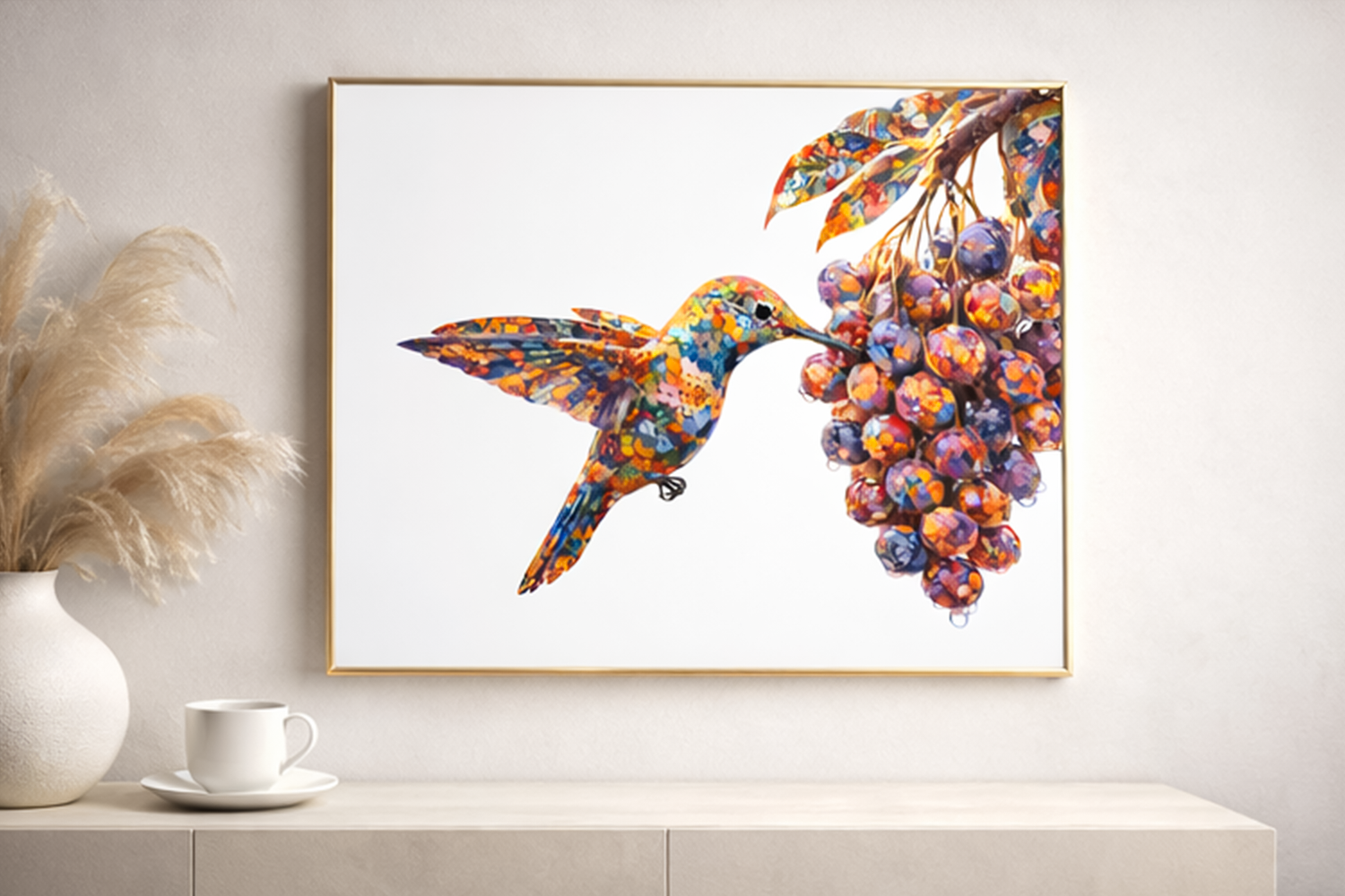 hummingbird art, abstract bird art, colorful bird illustration, modern botanical art, vibrant wall art, digital wall art, nature inspired art, luxury home decor art, abstract nature print, mosaic art style, contemporary illustration, bird lover art, print