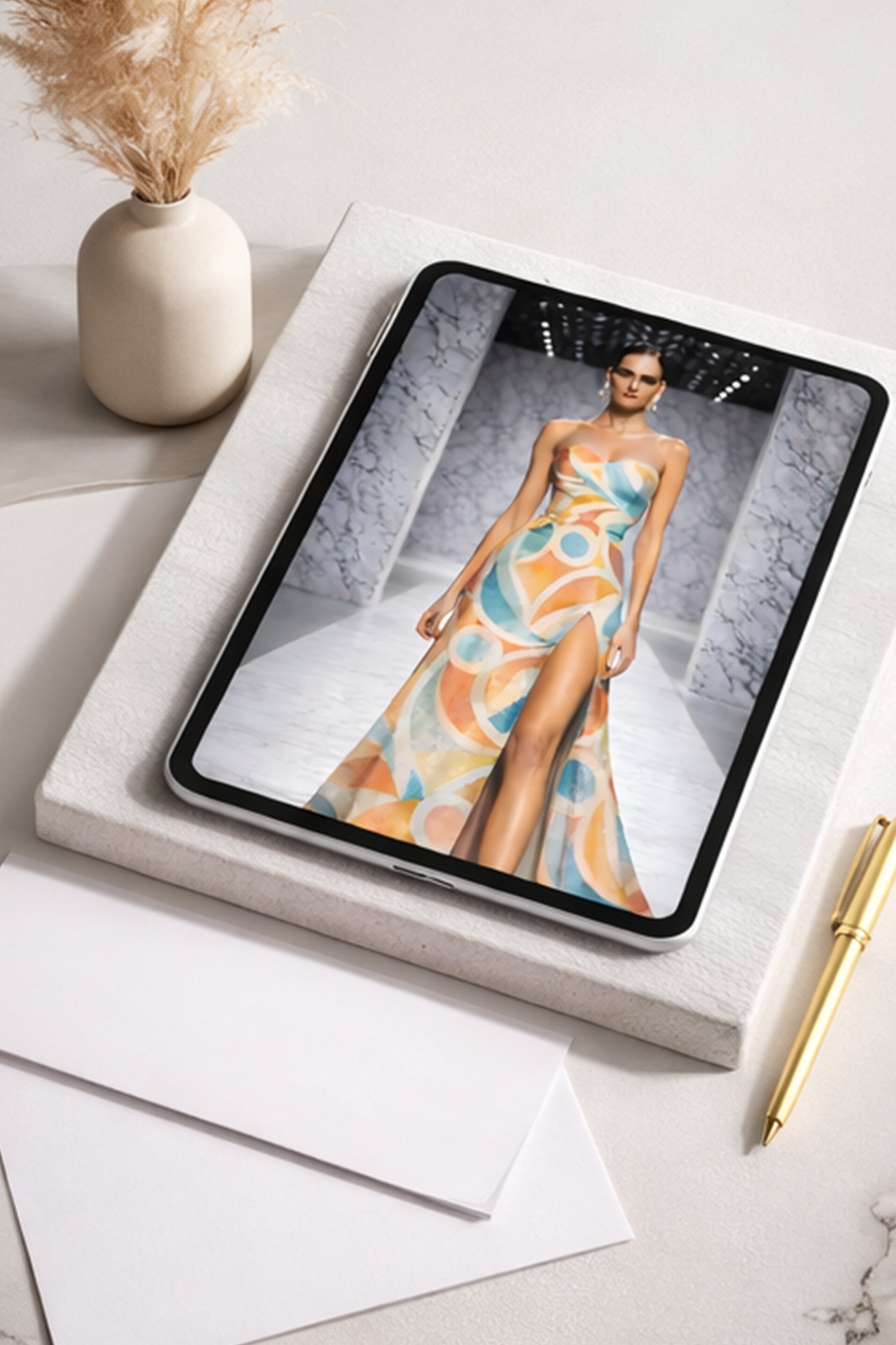 luxury fashion, couture gown, runway dress, abstract print, fashion inspiration, editorial fashion, designer aesthetic, modern elegance, evening gown, fashion art