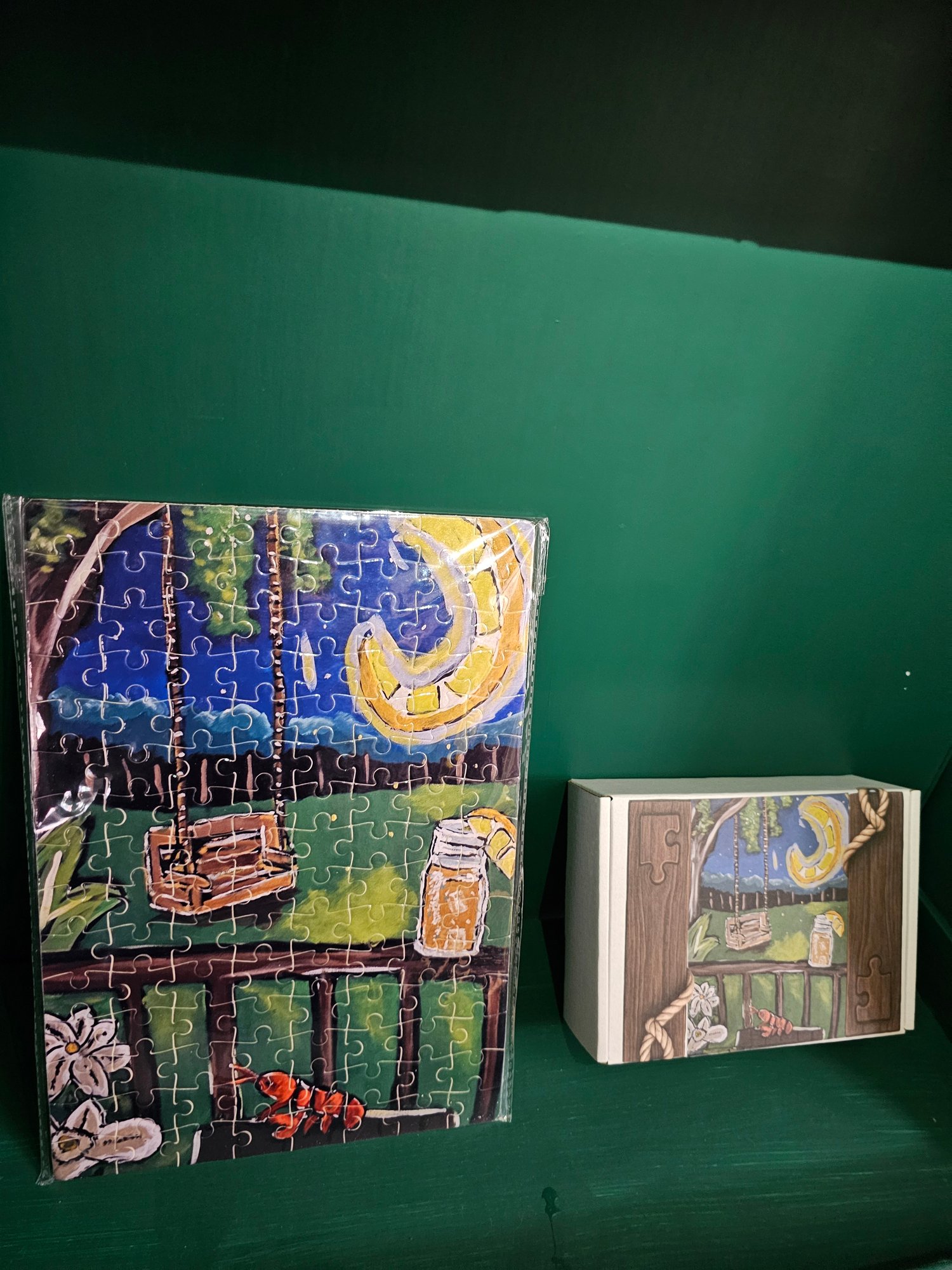 Louisiana sweet tea porch scene jigsaw puzzle with moonlight and rustic Southern artwork