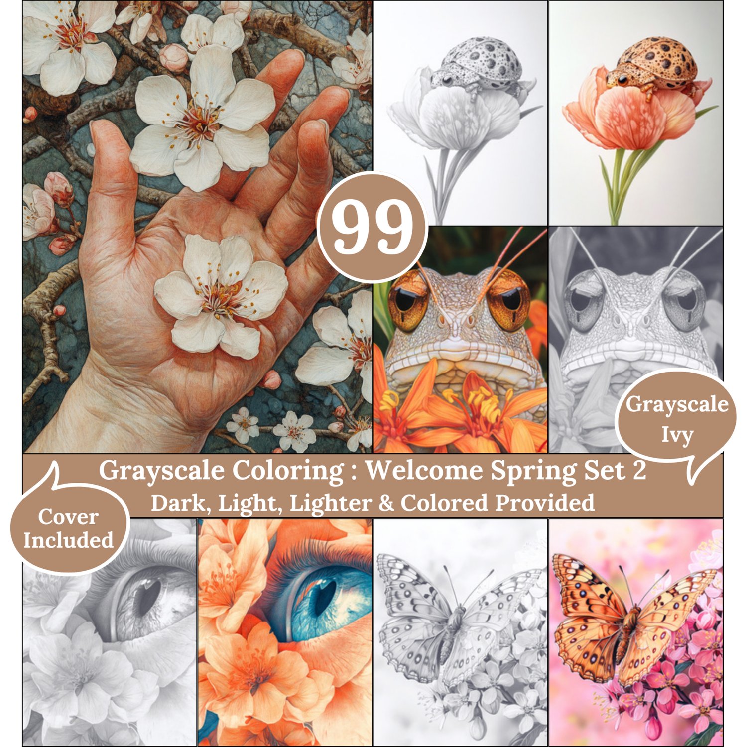 Welcome Spring, 99 Coloring Pages, Grayscale Drawings, Dark Light Lighter and Colored Versions,  Digital Art Sheets, Blooming Scenes