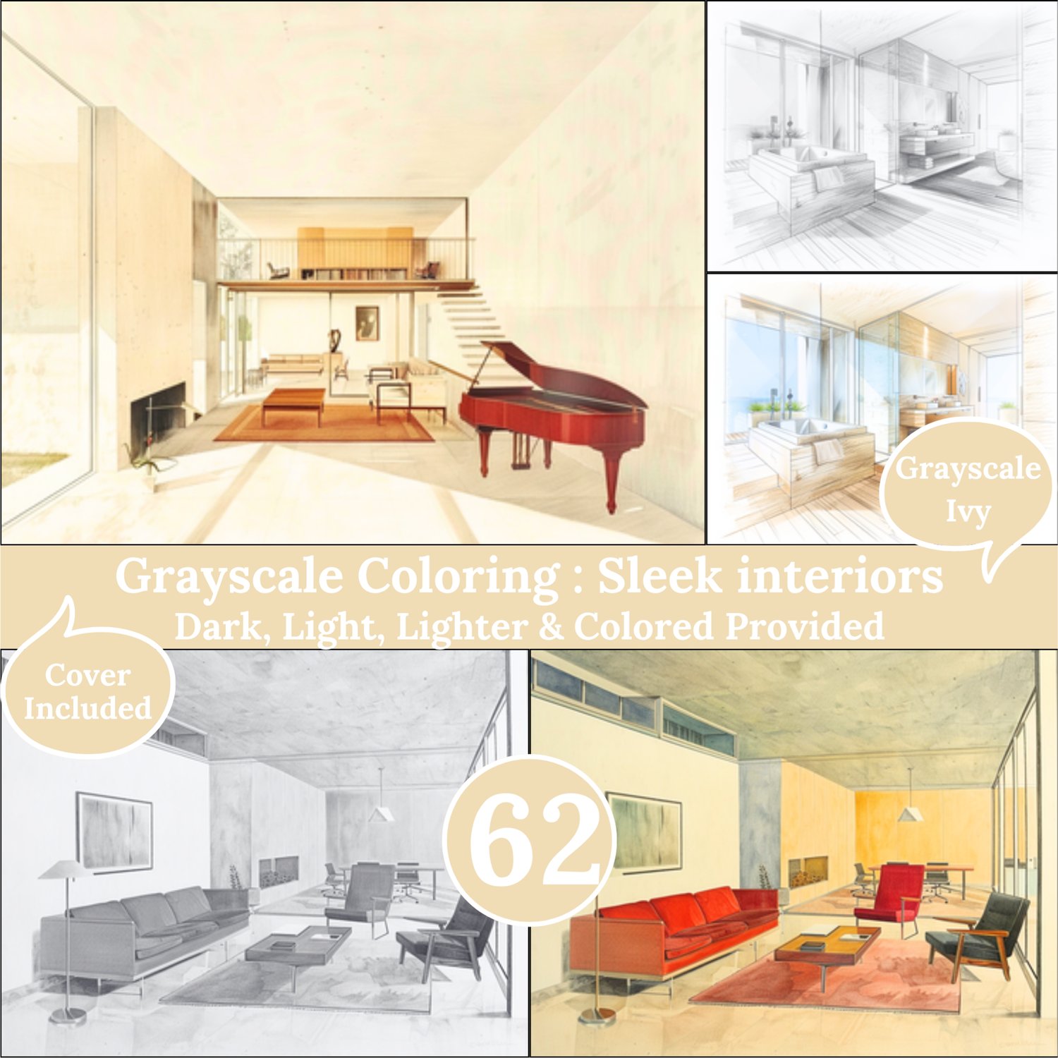 Sleek Interiors, 62 Coloring Pages, Grayscale Drawings, Dark Light Lighter and Colored Versions,  Digital Art Sheets, Minimalist Interiors