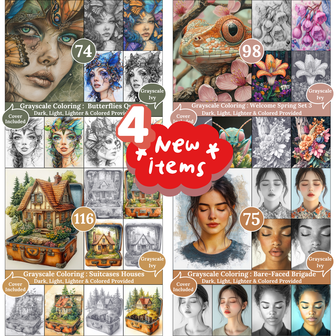 Grayscale Ivy New Arrivals — March 21, 2026 4 New Grayscale Coloring Books for Adults – Printable Digital PDFs Each book includes Dark, Light, Lighter & Colored versions, designed for relaxing and creative coloring sessions.