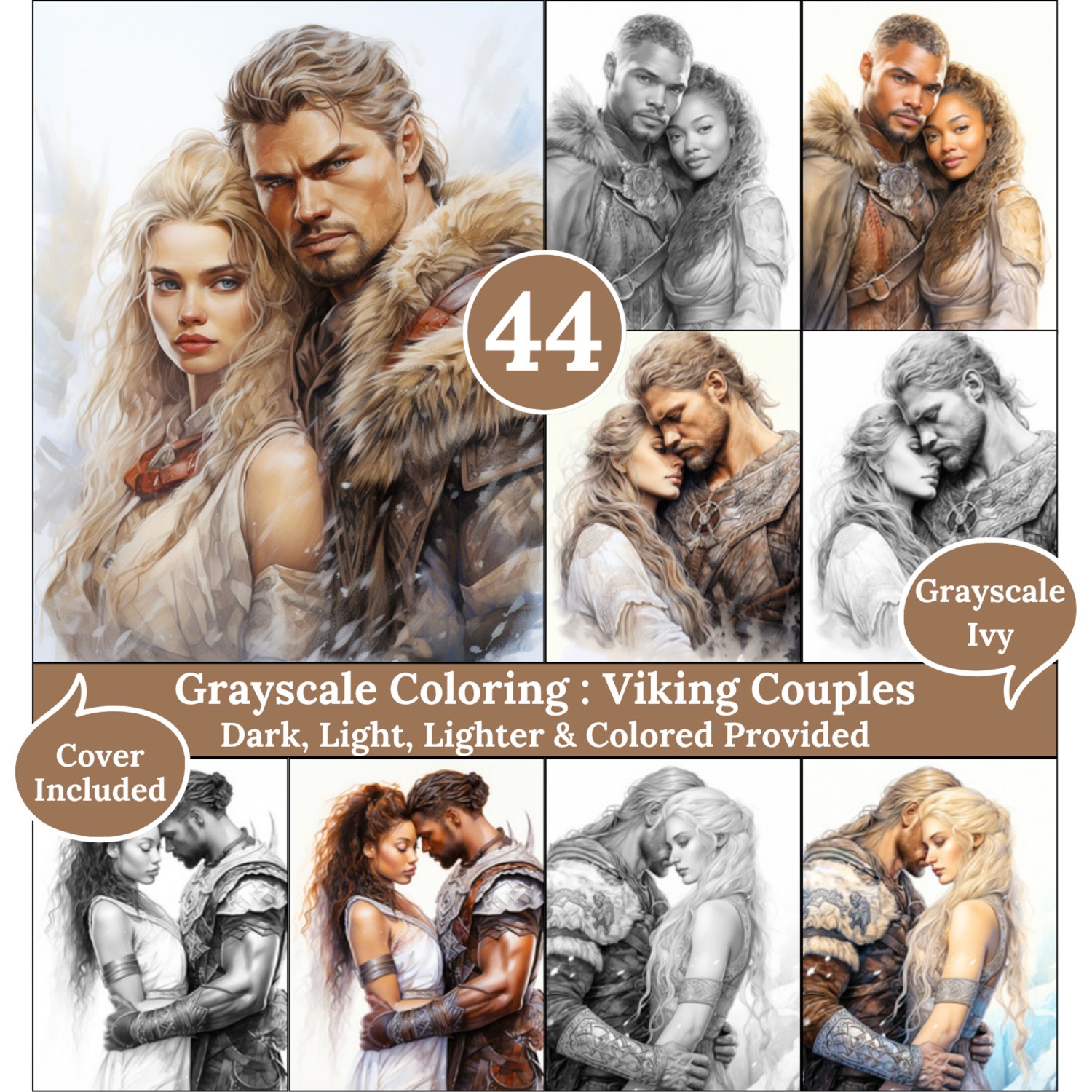 Viking Couples, 44 Coloring Pages, Grayscale Drawings, Dark Light Lighter and Colored Versions,  Digital Art Sheets, Vintage Northen Love