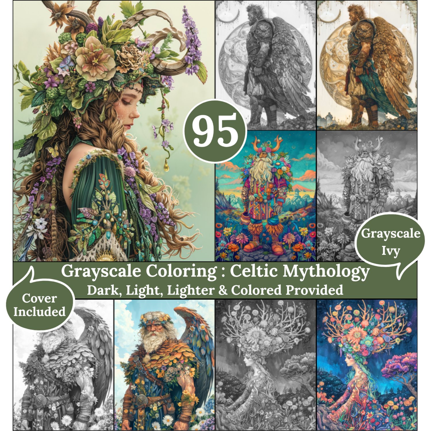 Celtic Mythology, 95 Coloring Pages, Grayscale Drawings, Dark Light Lighter and Colored Versions,  Digital Art Sheets