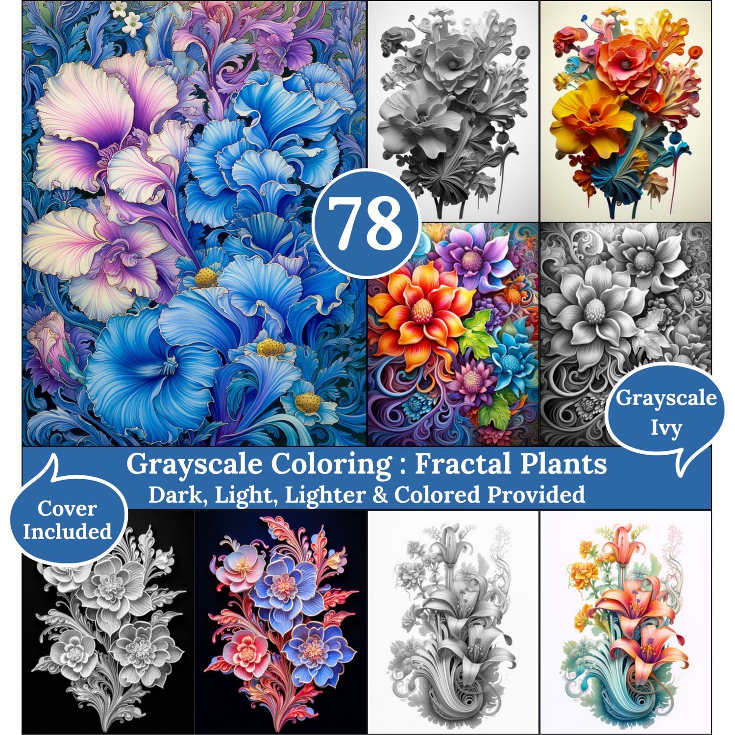 Fractal plants, 78 Coloring Pages, Grayscale Drawings, Dark Light Lighter and Colored Versions,  Digital Art Sheets
