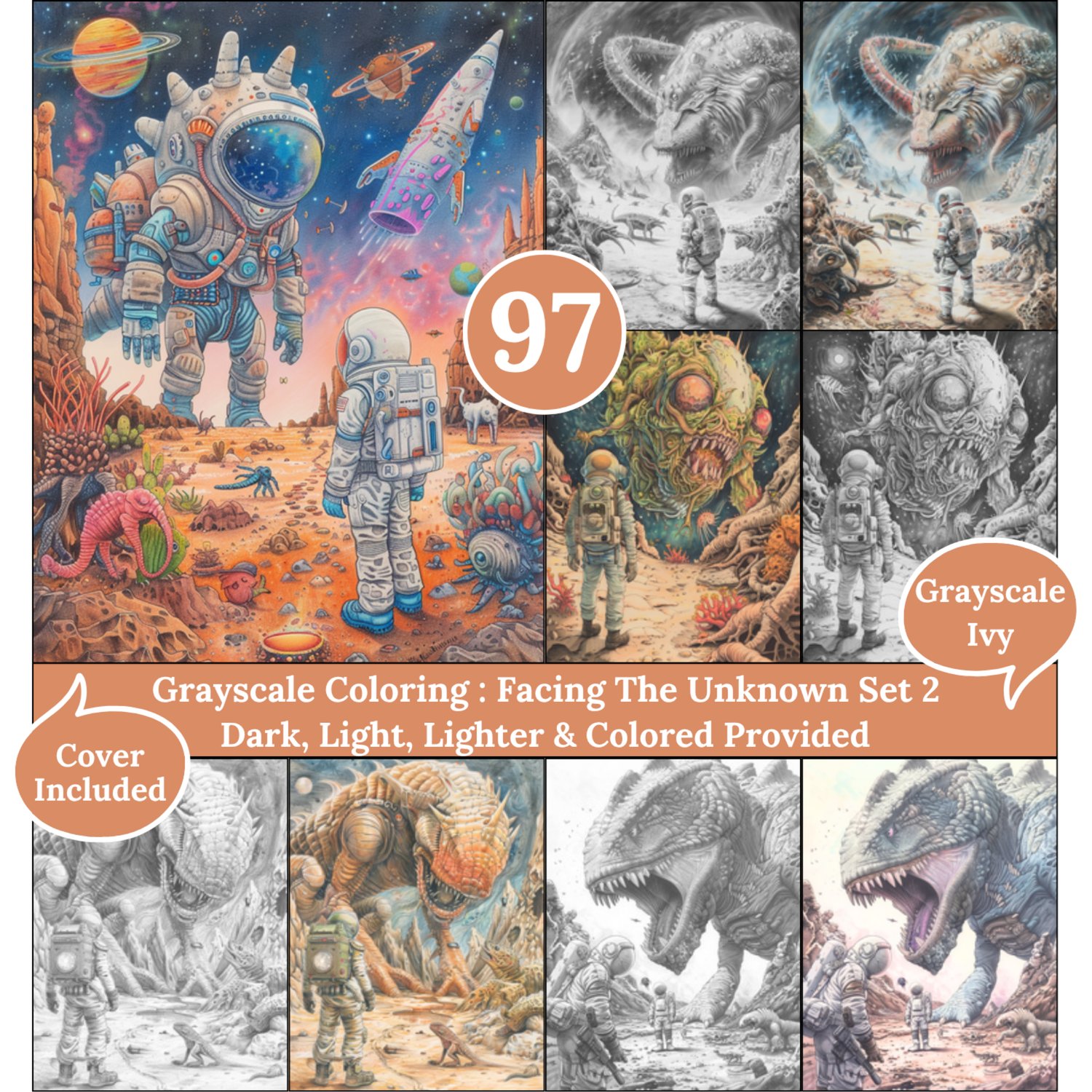 Facing The Unknown, 97 Coloring Pages, Grayscale Drawings, Dark Light Lighter and Colored Versions,  Digital Art, Extraterrestrial Life