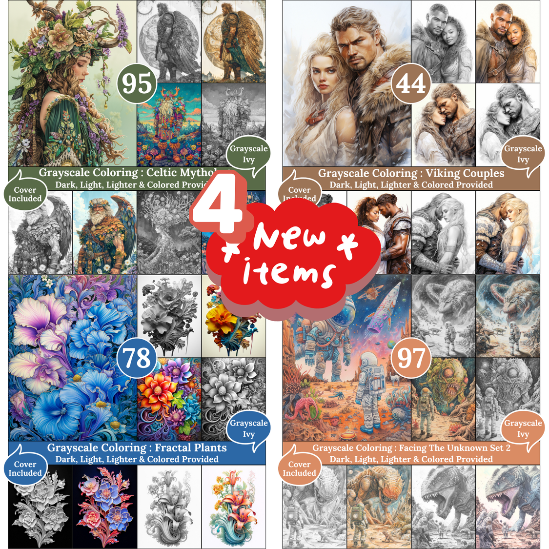 Grayscale Ivy New Arrivals — March 28, 2026 4 New Grayscale Coloring Books for Adults – Printable Digital PDFs Each book includes Dark, Light, Lighter & Colored versions, perfect for imaginative and relaxing coloring sessions.