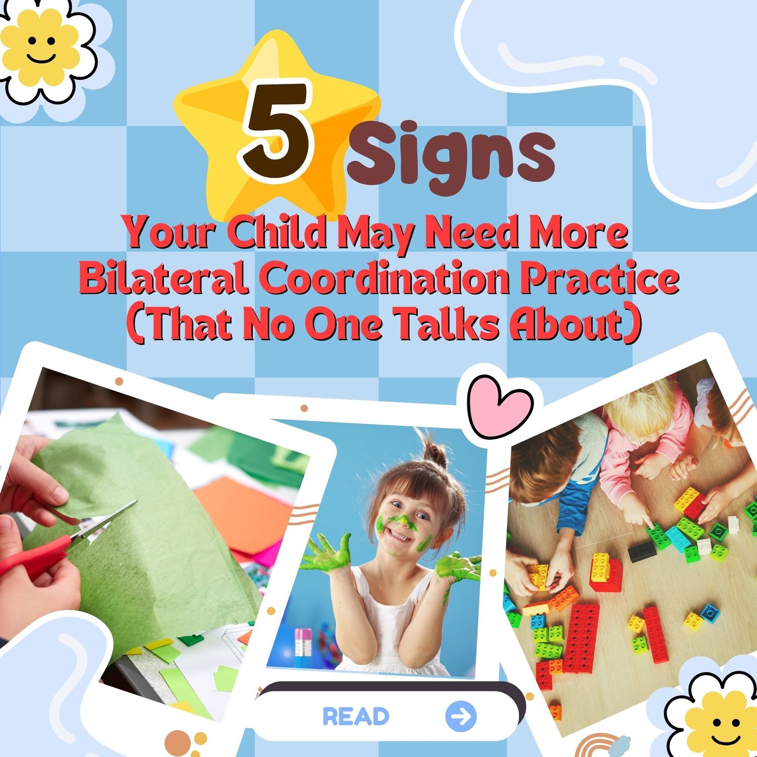 5 signs your child needs more bilateral coordination practice – illustration of kids cutting paper and building blocks for fine motor skills blog.