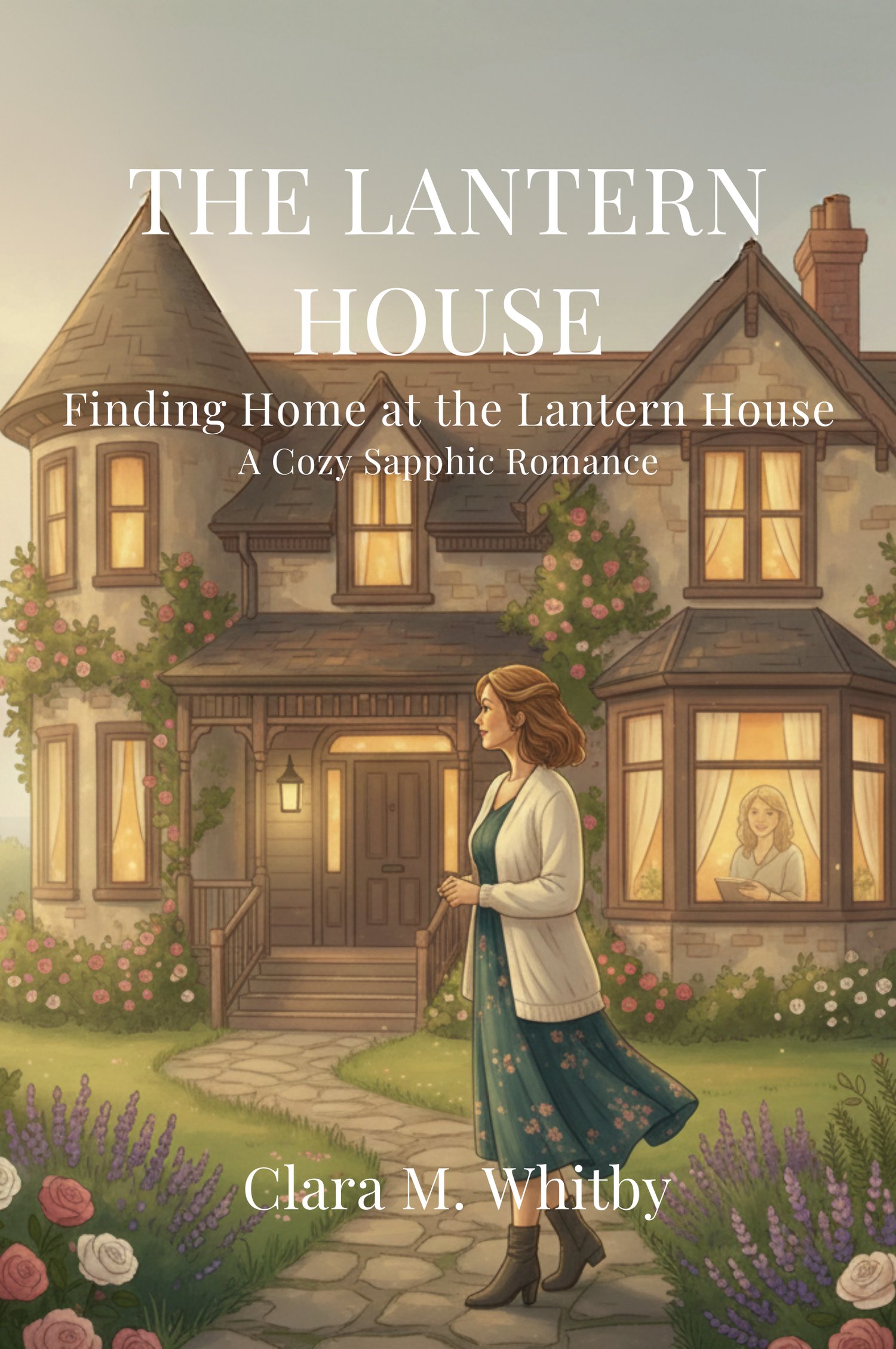 Cover of The Lantern House, a cozy sapphic romance novel by Clara M. Whitby, featuring a woman standing in front of a warm, ivy-covered house at dusk.