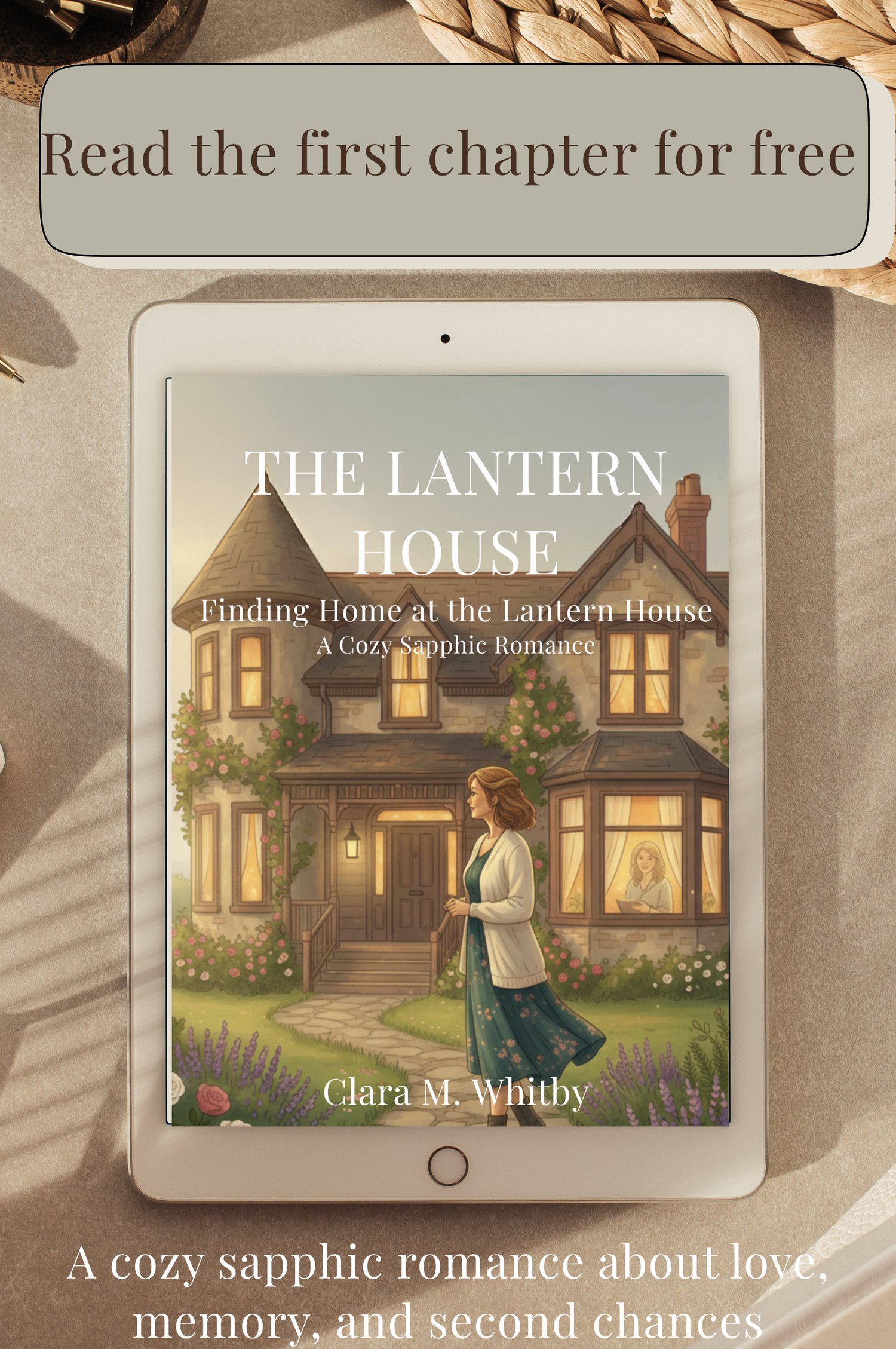 The Lantern House by Clara M. Whitby, a cozy sapphic romance ebook cover featuring a woman standing outside a warmly lit house