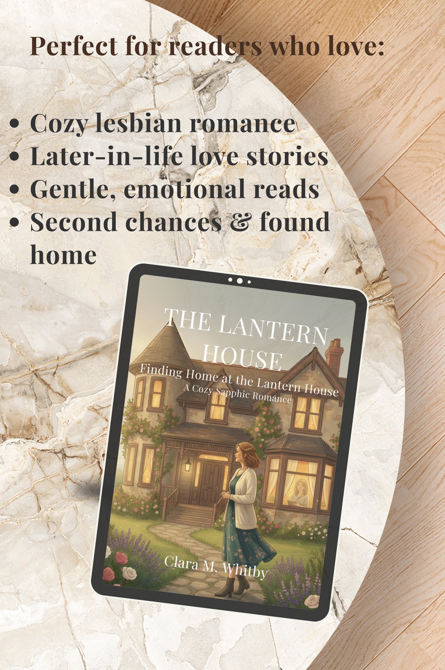 The Lantern House by Clara M. Whitby, a cozy sapphic romance ebook cover featuring a woman standing outside a warmly lit house