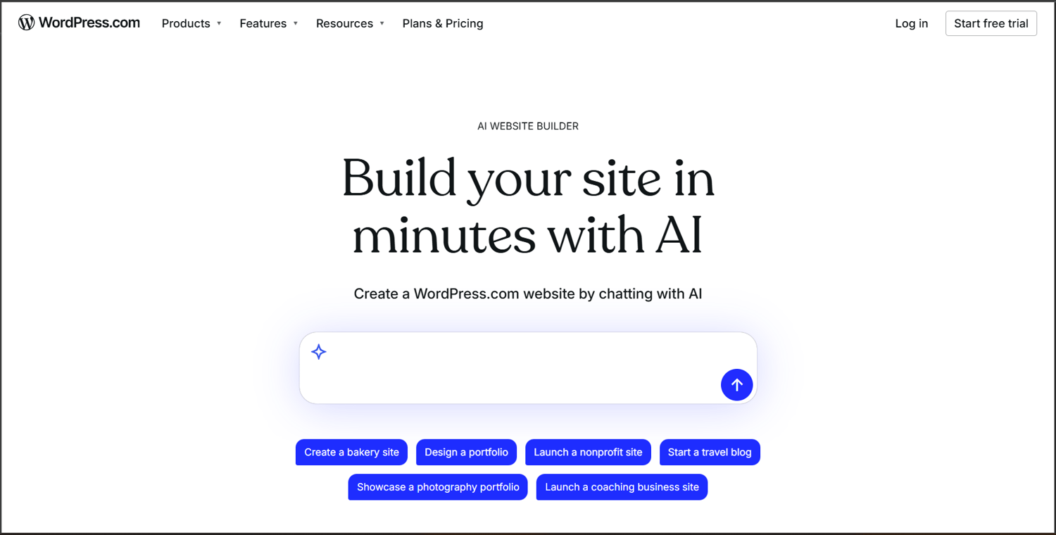 WordPress.com AI website builder for building websites in minutes with the help of AI.