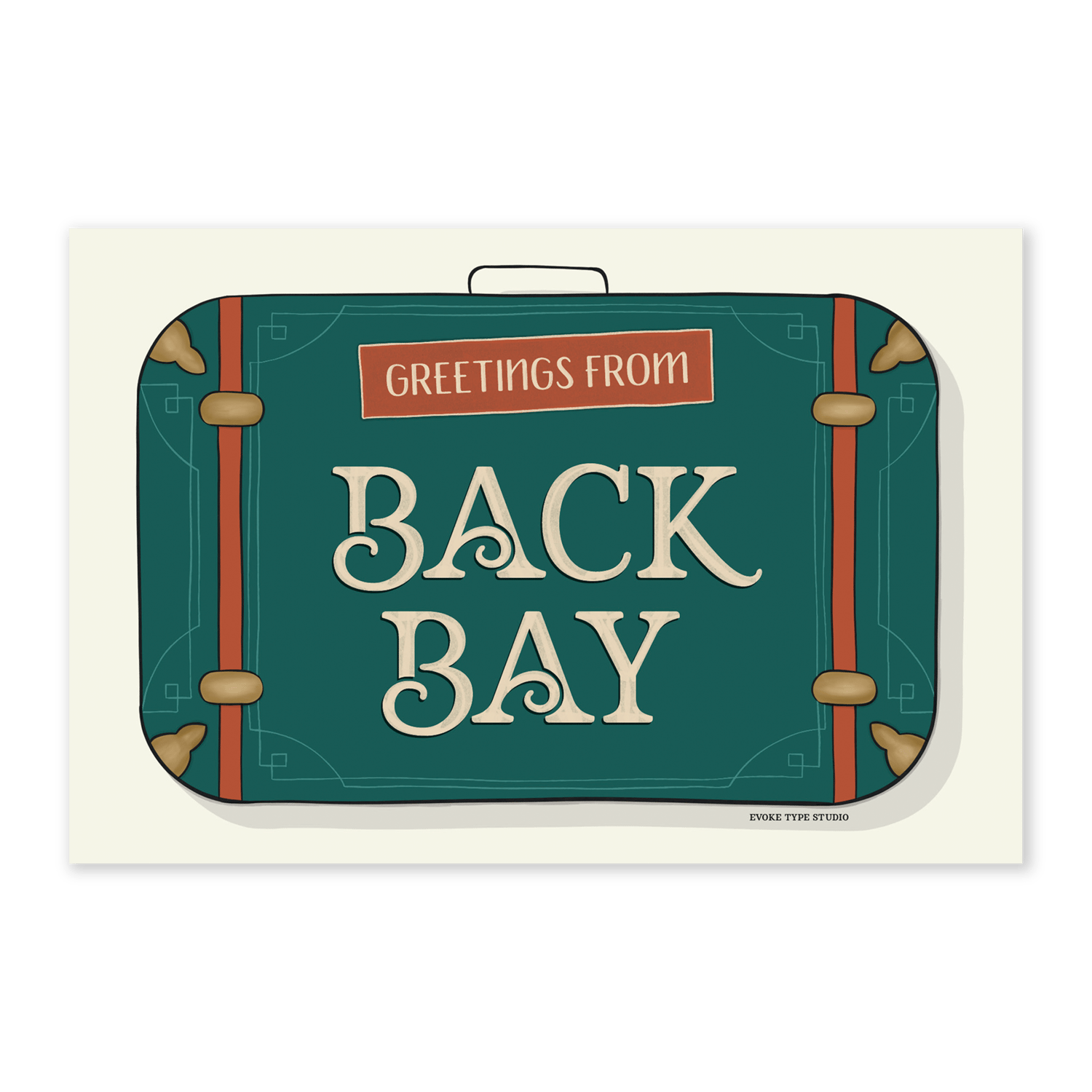 A postcard of a vintage style suitcase with the words “Greetings from Back Bay” drawn in unique lettering styles. Artwork has a green, orange and beige color scheme