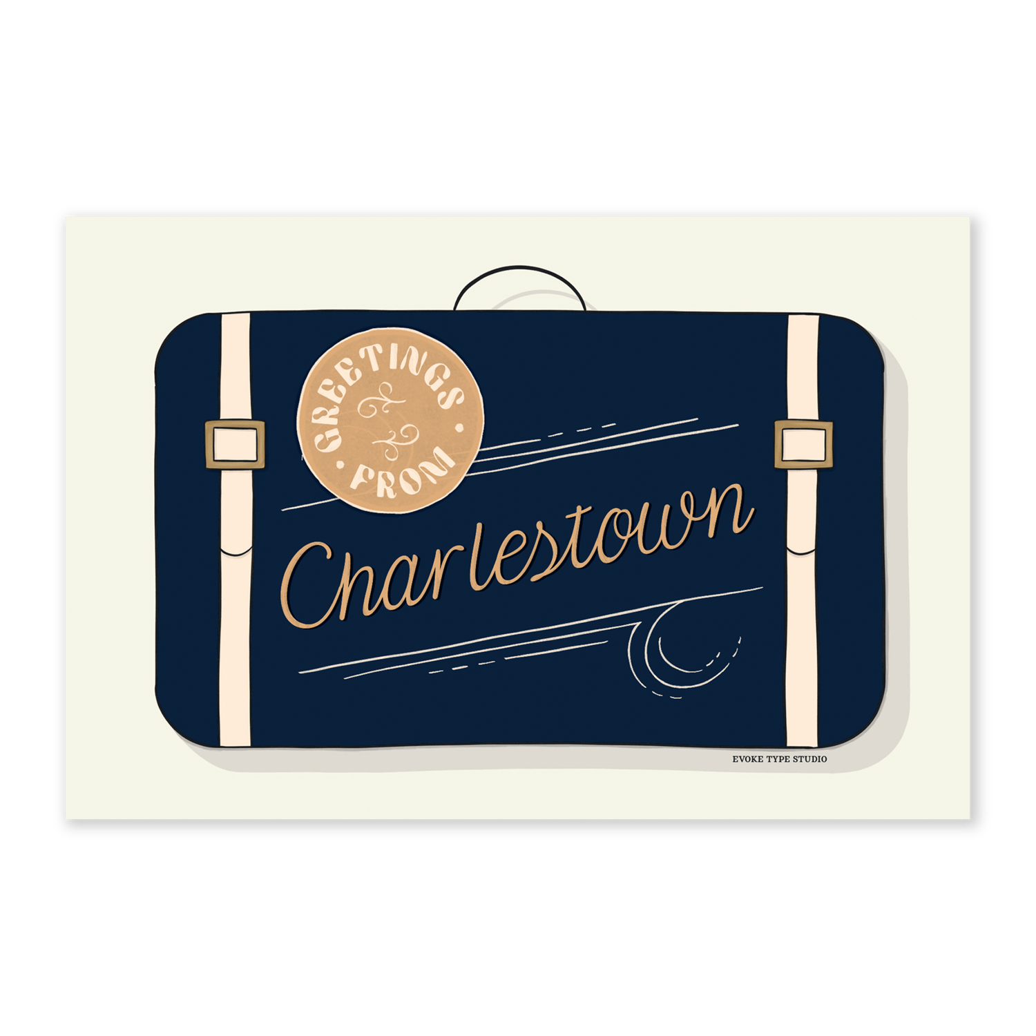 A postcard of a vintage style suitcase with the words “Greetings from Charlestown” drawn in unique lettering styles. Artwork has a blue, beige and tan color scheme