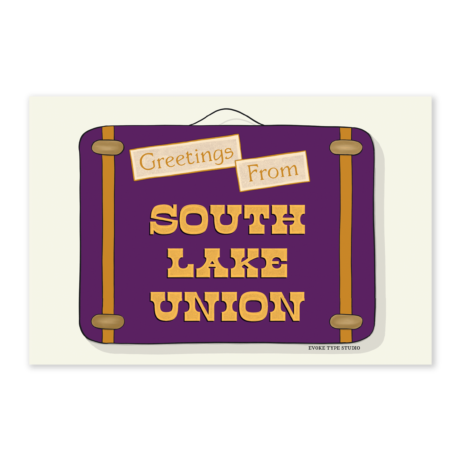 A postcard of a vintage style suitcase with the words “Greetings from South Lake Union” drawn in unique lettering styles. Artwork has a dark purple and yellow color scheme